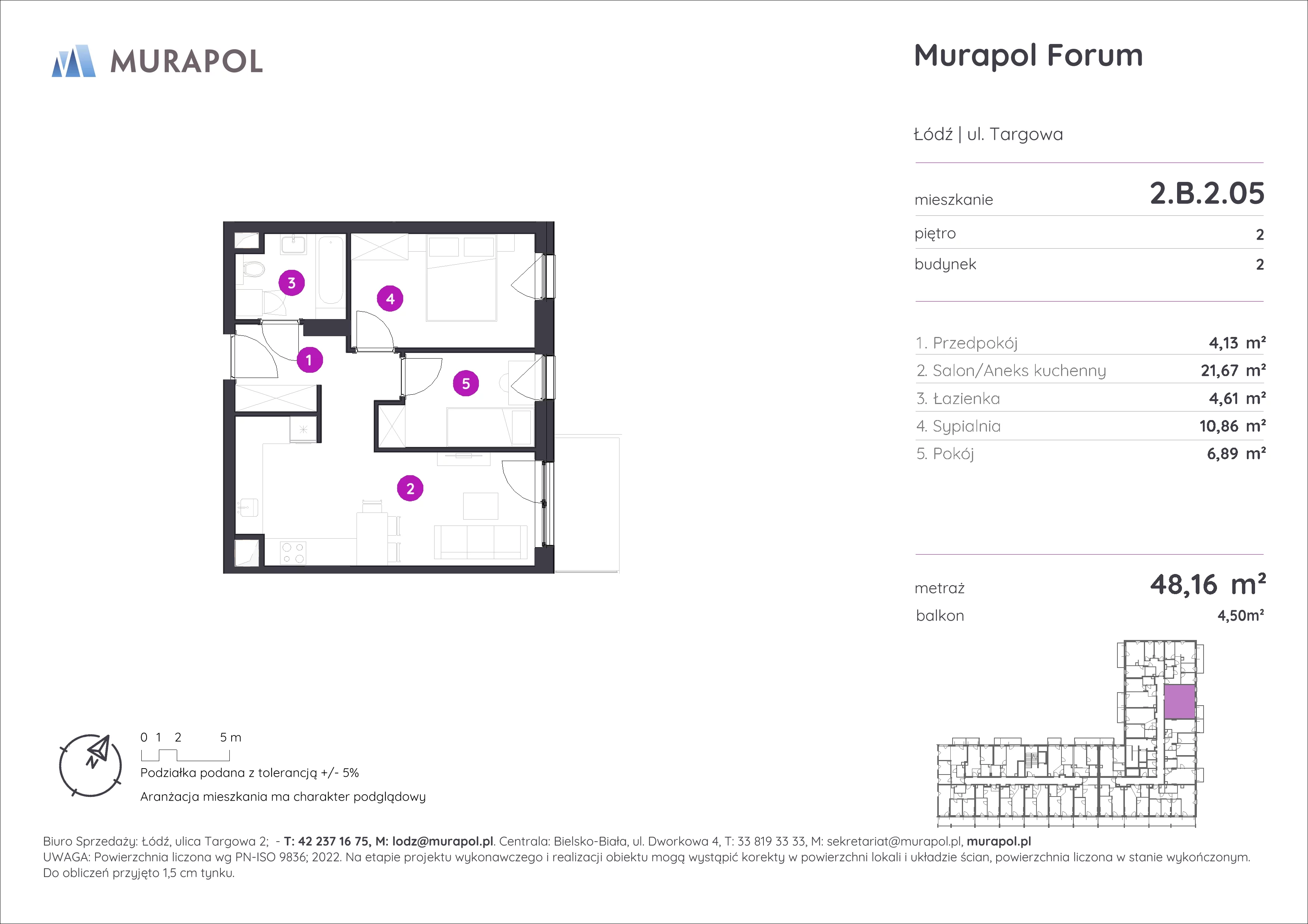 3 pokoje, mieszkanie 48,16 m², piętro 2, oferta nr 2.B.2.05, Murapol Forum, Łódź, Śródmieście, ul. Targowa