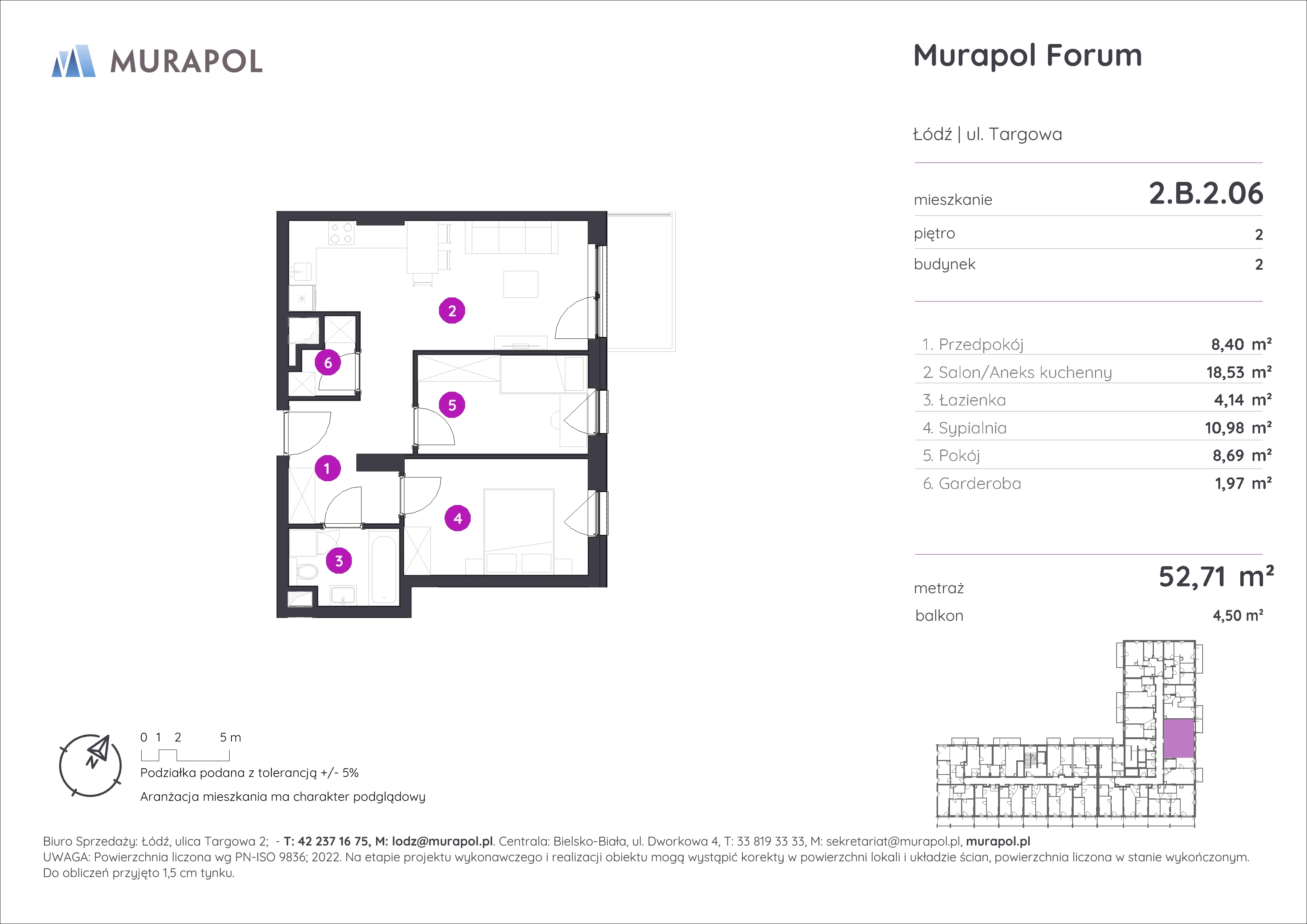 3 pokoje, mieszkanie 52,71 m², piętro 2, oferta nr 2.B.2.06, Murapol Forum, Łódź, Śródmieście, ul. Targowa