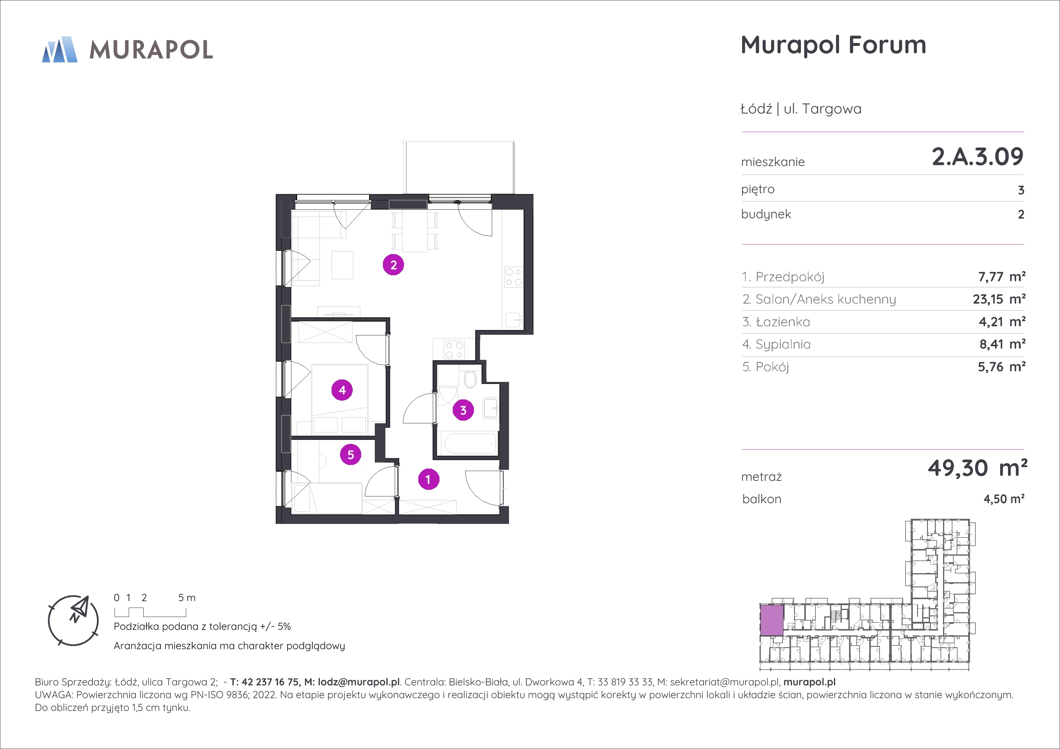 3 pokoje, mieszkanie 49,30 m², piętro 3, oferta nr 2.A.3.09, Murapol Forum, Łódź, Śródmieście, ul. Targowa