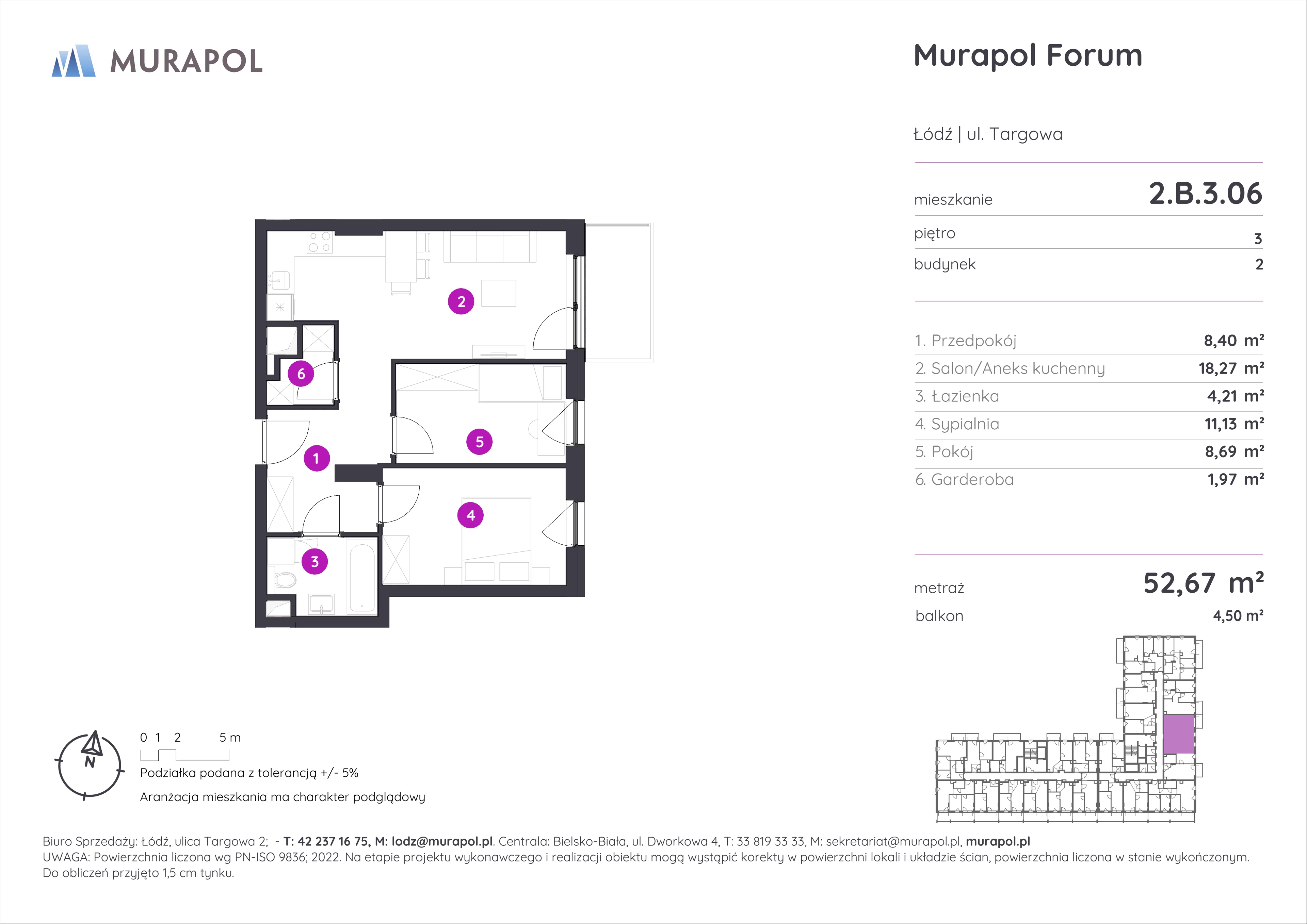 3 pokoje, mieszkanie 52,67 m², piętro 3, oferta nr 2.B.3.06, Murapol Forum, Łódź, Śródmieście, ul. Targowa
