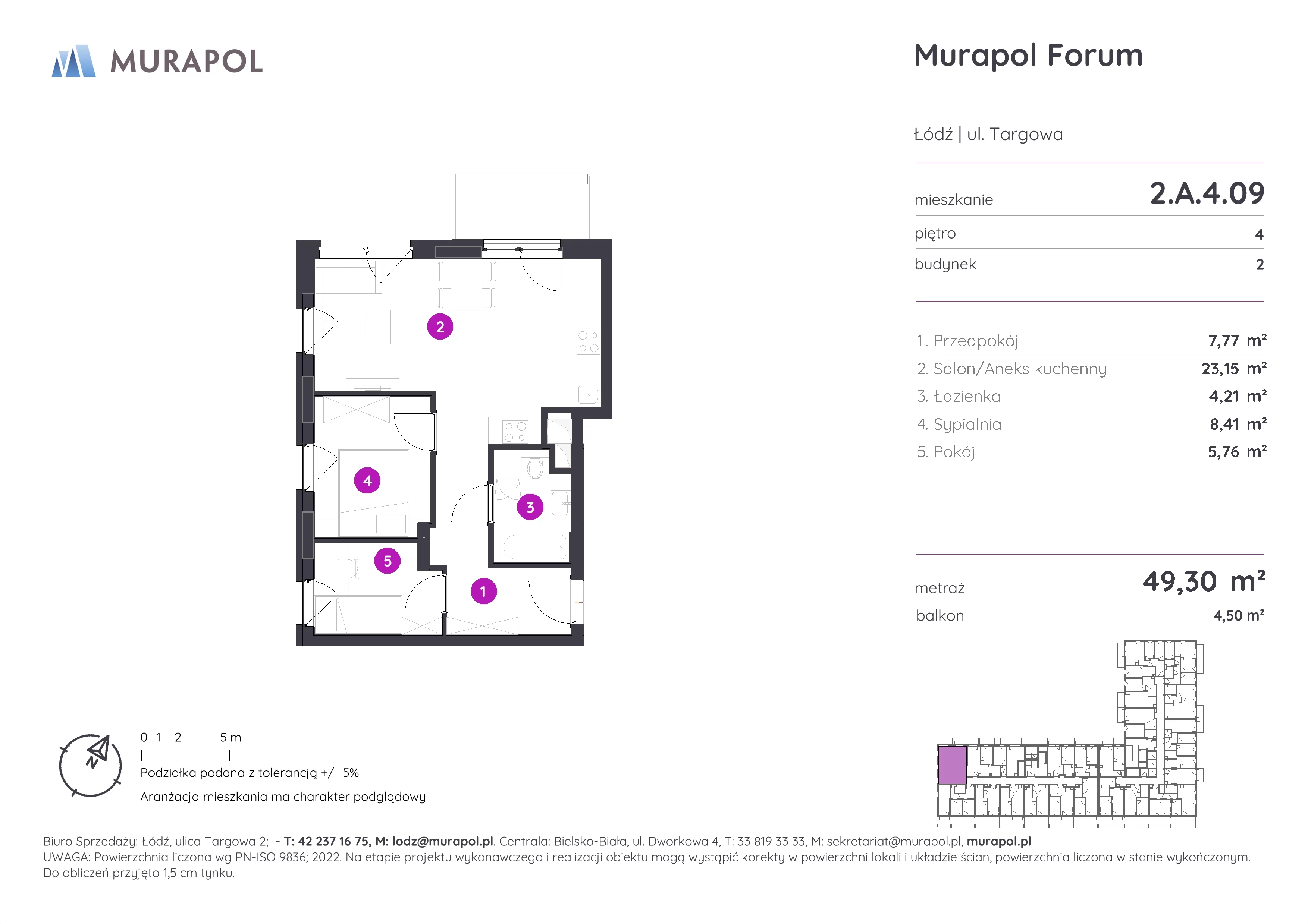 3 pokoje, mieszkanie 49,30 m², piętro 4, oferta nr 2.A.4.09, Murapol Forum, Łódź, Śródmieście, ul. Targowa