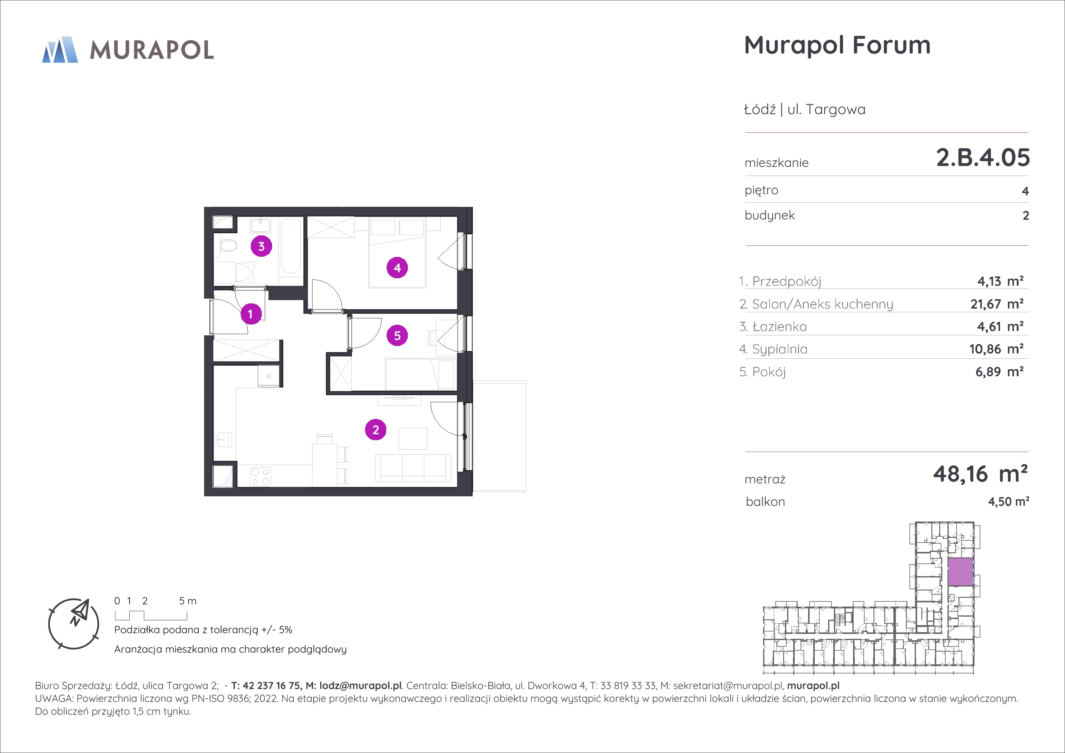 3 pokoje, mieszkanie 48,16 m², piętro 4, oferta nr 2.B.4.05, Murapol Forum, Łódź, Śródmieście, ul. Targowa