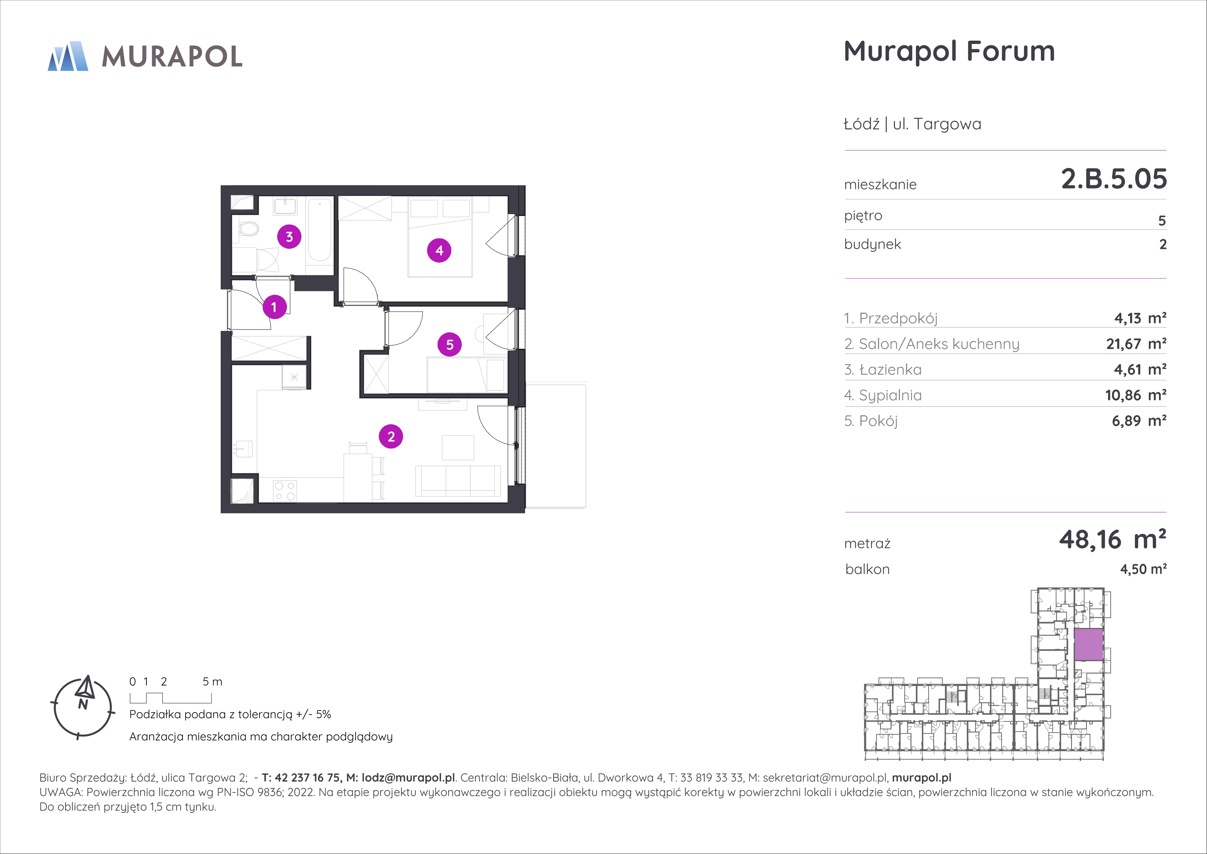 3 pokoje, mieszkanie 48,16 m², piętro 5, oferta nr 2.B.5.05, Murapol Forum, Łódź, Śródmieście, ul. Targowa