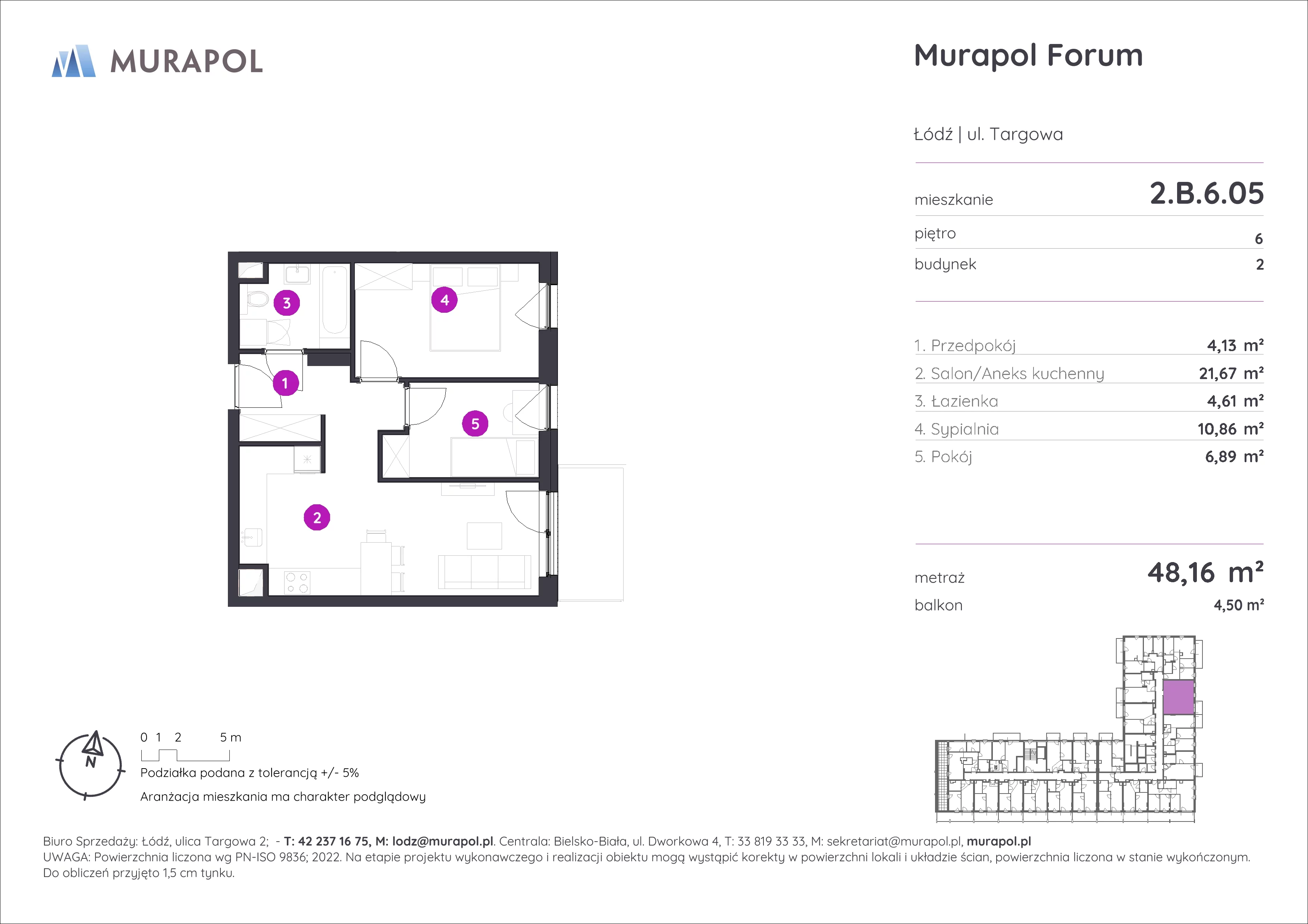 3 pokoje, mieszkanie 48,16 m², piętro 6, oferta nr 2.B.6.05, Murapol Forum, Łódź, Śródmieście, ul. Targowa