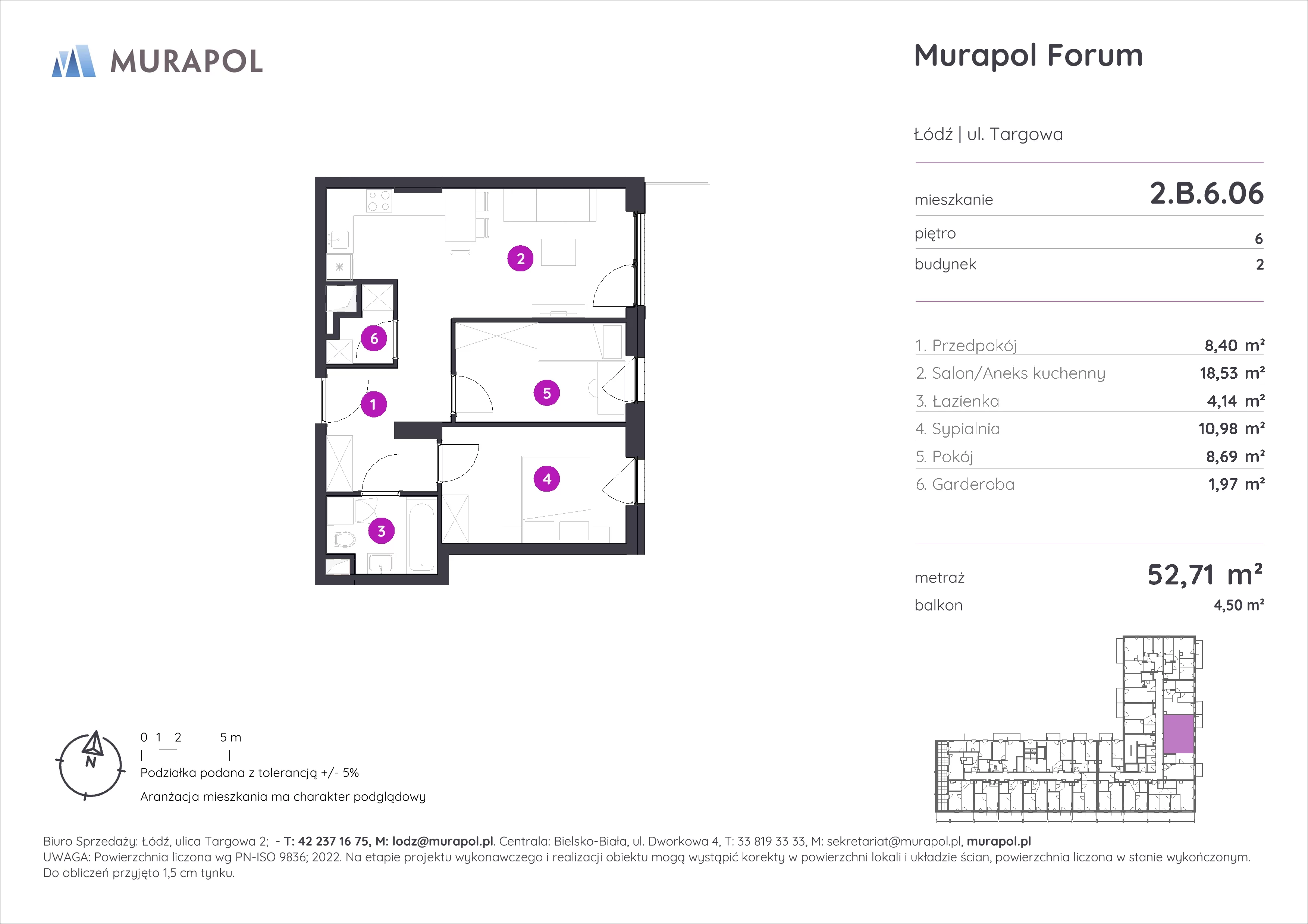 3 pokoje, mieszkanie 52,71 m², piętro 6, oferta nr 2.B.6.06, Murapol Forum, Łódź, Śródmieście, ul. Targowa