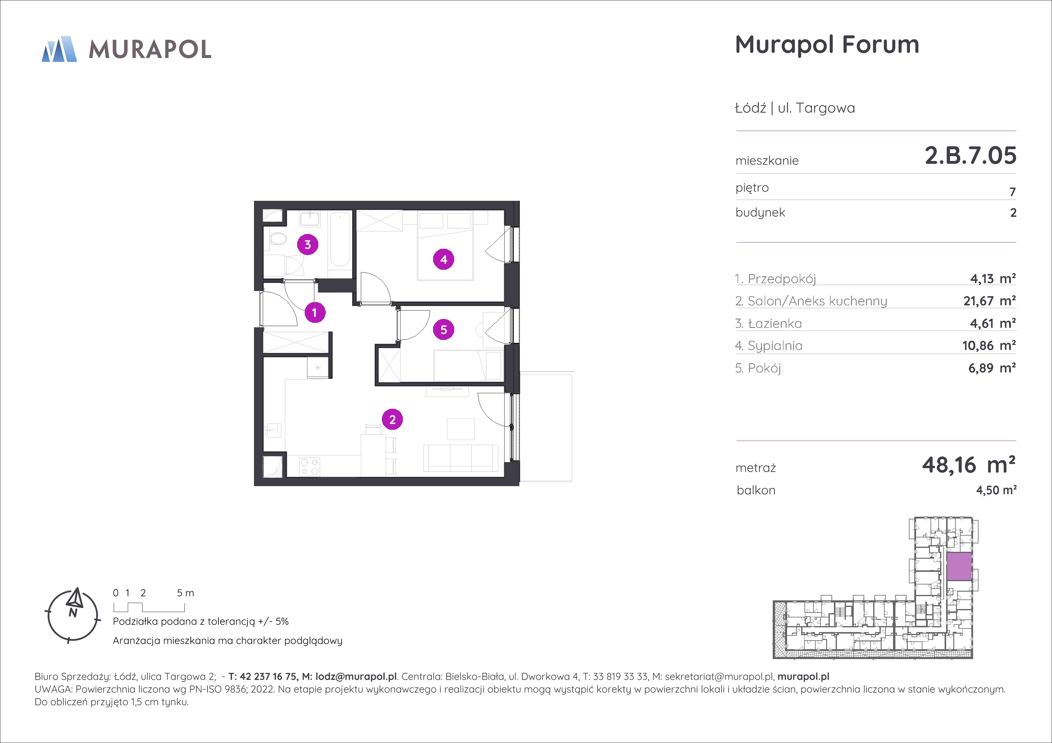 3 pokoje, mieszkanie 48,16 m², piętro 7, oferta nr 2.B.7.05, Murapol Forum, Łódź, Śródmieście, ul. Targowa