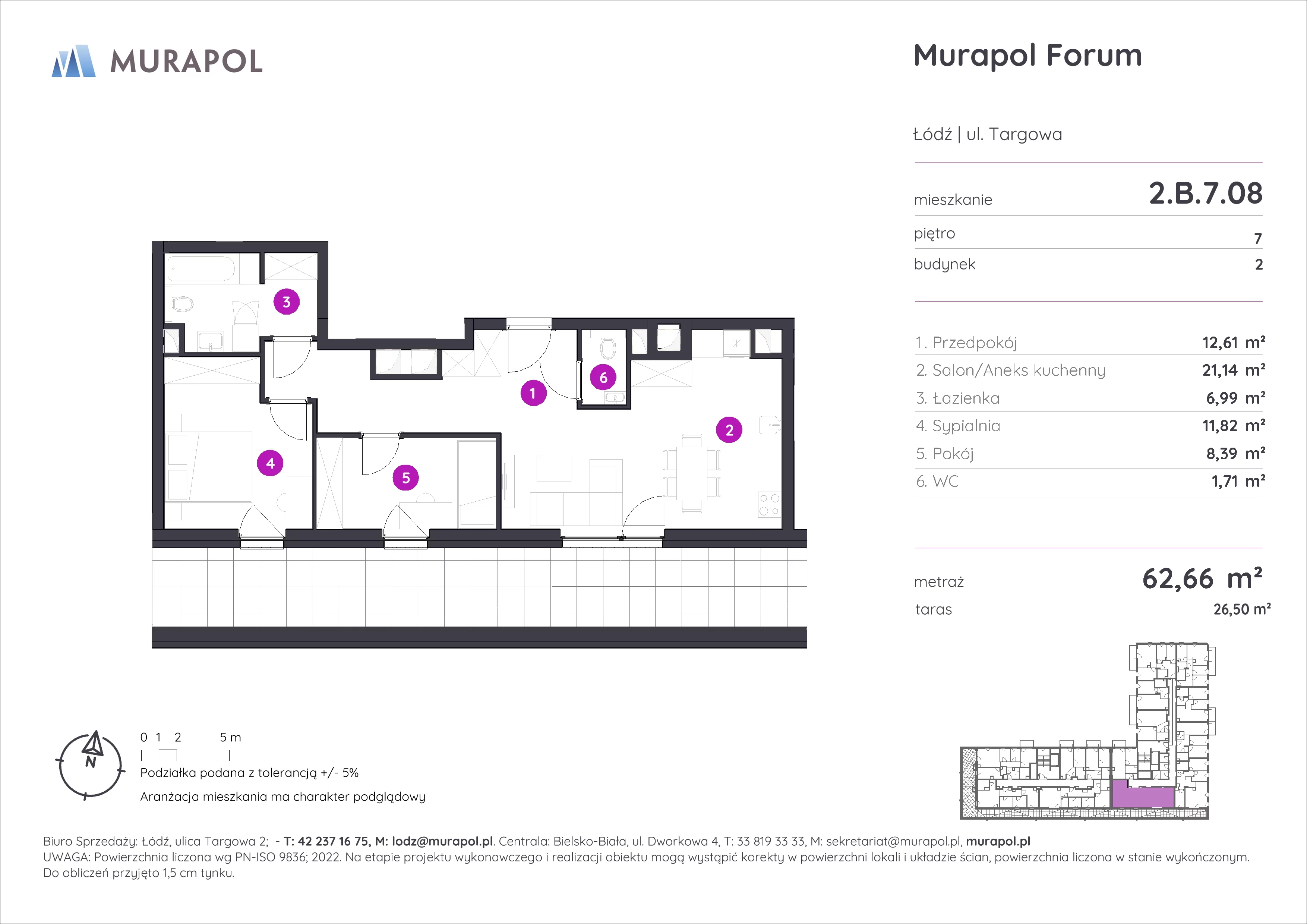 3 pokoje, mieszkanie 62,66 m², piętro 7, oferta nr 2.B.7.08, Murapol Forum, Łódź, Śródmieście, ul. Targowa