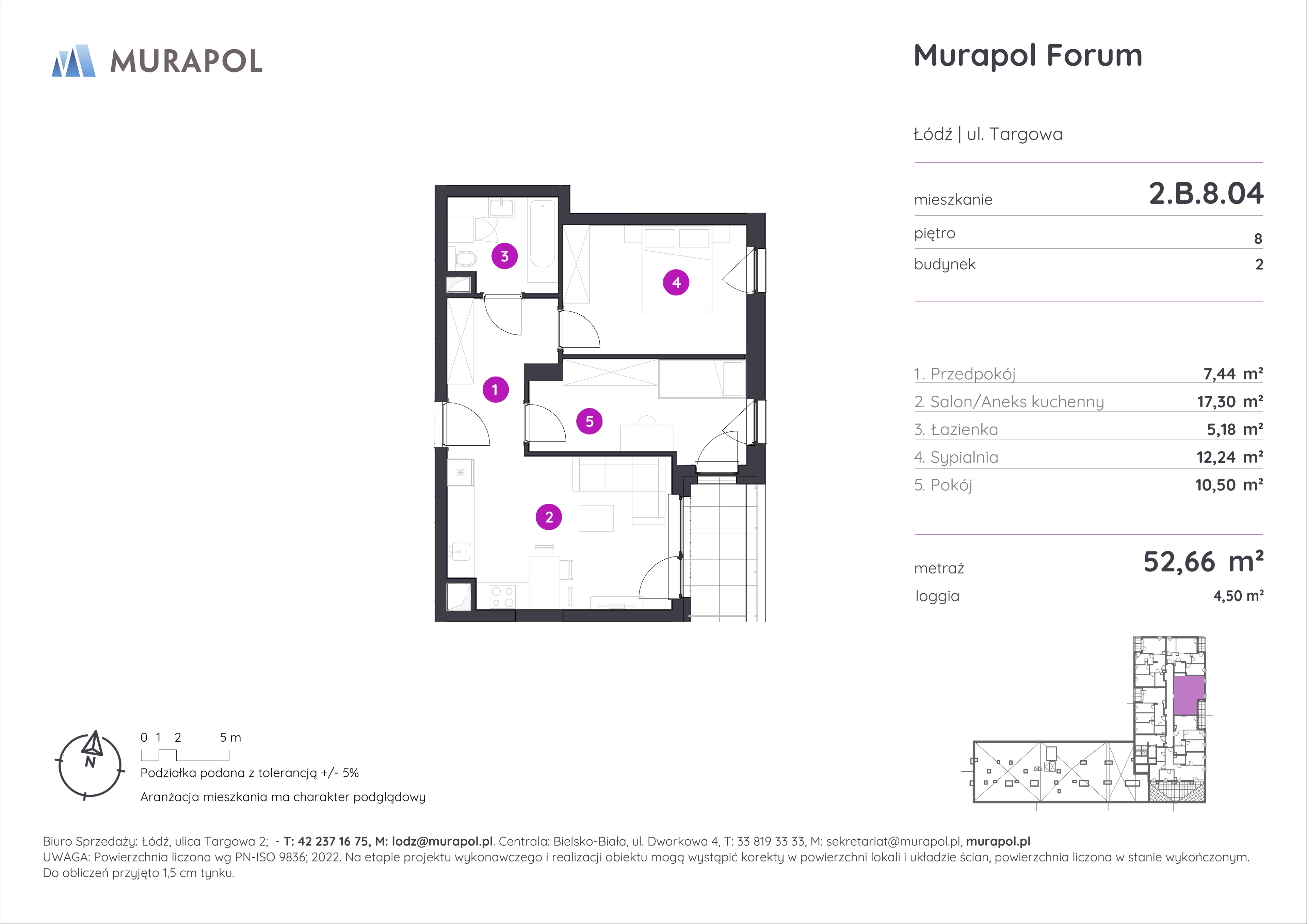 3 pokoje, mieszkanie 52,66 m², piętro 8, oferta nr 2.B.8.04, Murapol Forum, Łódź, Śródmieście, ul. Targowa