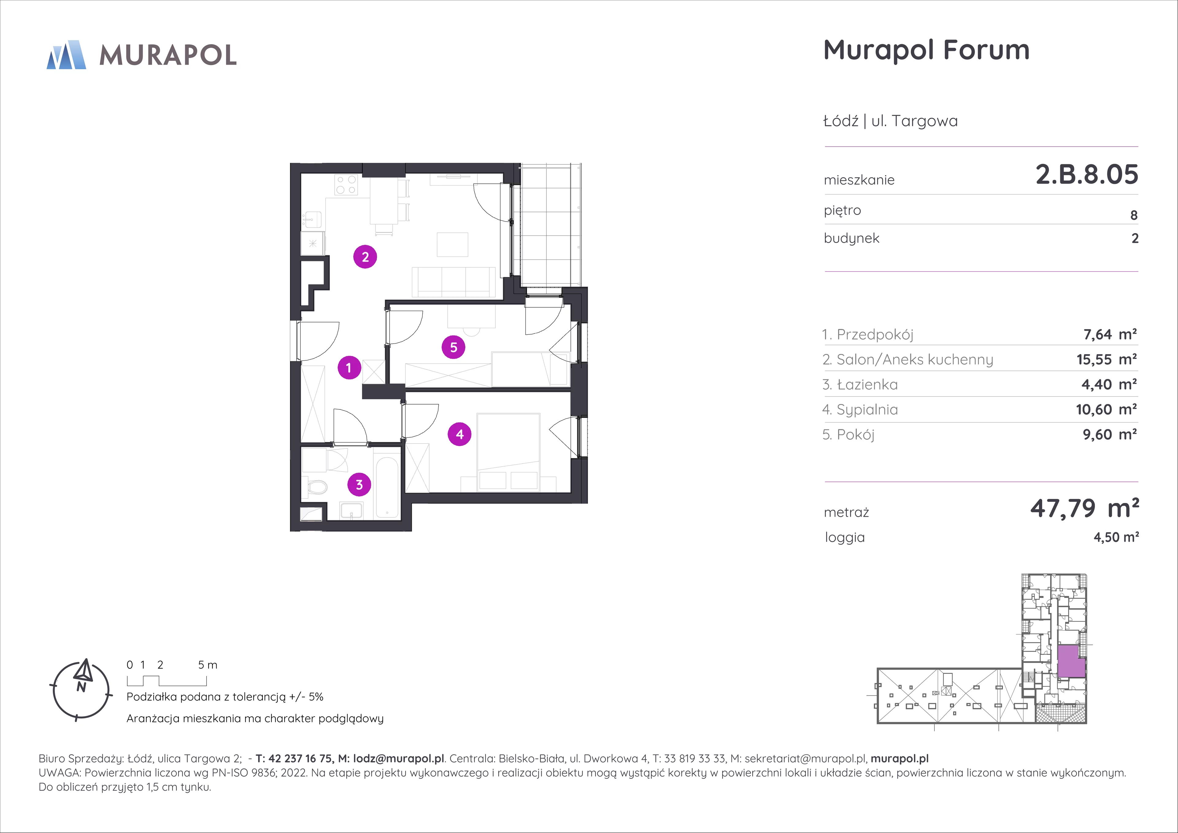 3 pokoje, mieszkanie 47,79 m², piętro 8, oferta nr 2.B.8.05, Murapol Forum, Łódź, Śródmieście, ul. Targowa