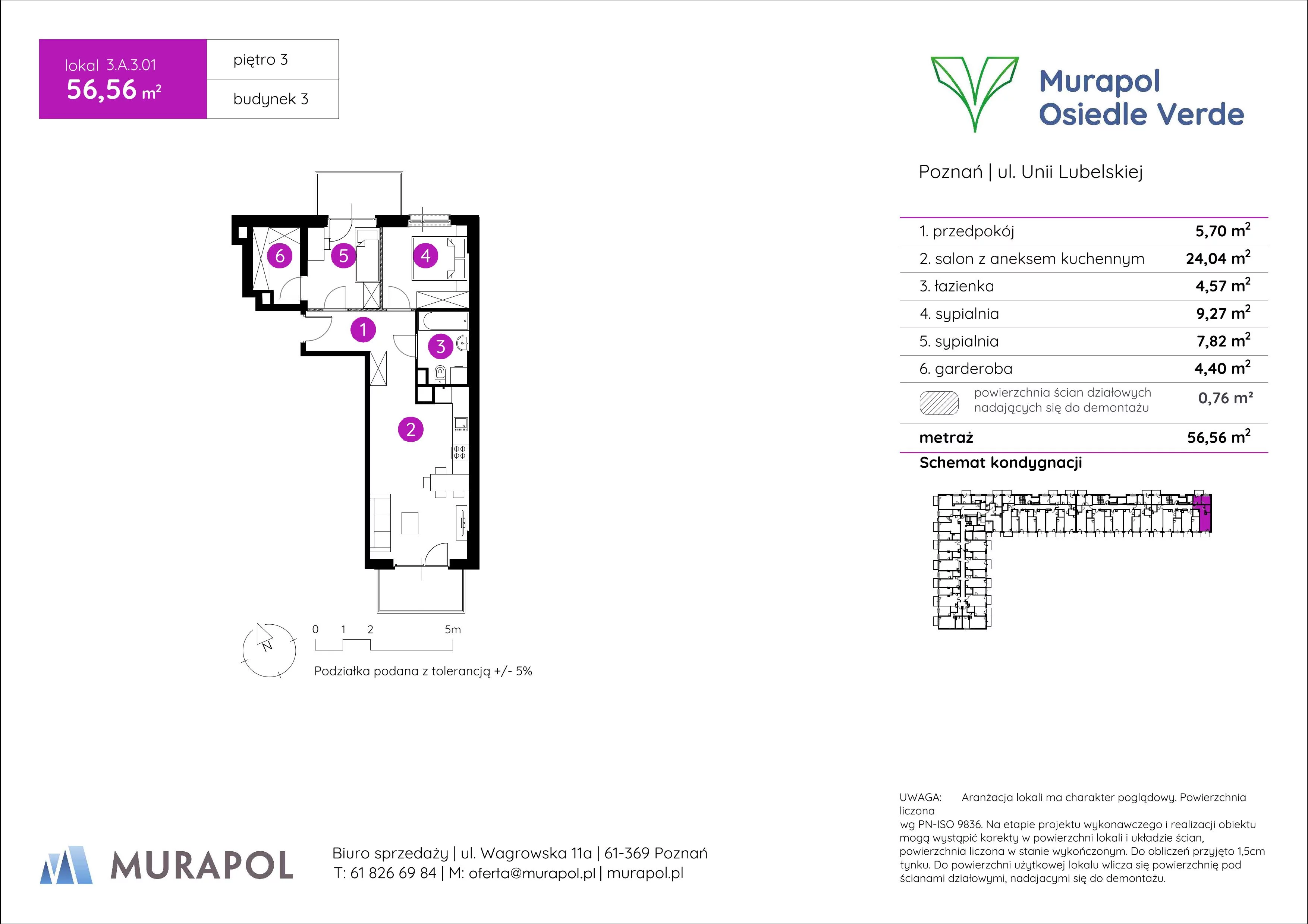 3 pokoje, mieszkanie 56,56 m², piętro 3, oferta nr 3.A.3.01, Murapol Osiedle Verde, Poznań, Żegrze, Starołęka, ul. Wagrowska
