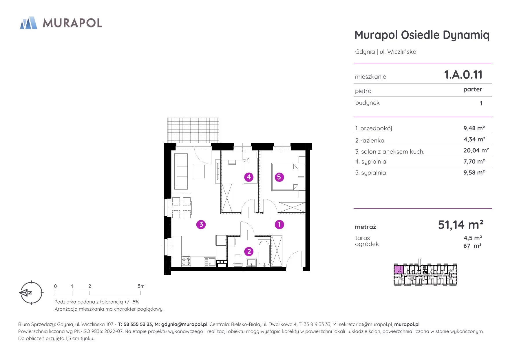 Mieszkanie 51,14 m², parter, oferta nr 1.A.0.11, Murapol Osiedle Dynamiq, Gdynia, Chwarzno-Wiczlino, ul. Wiczlińska