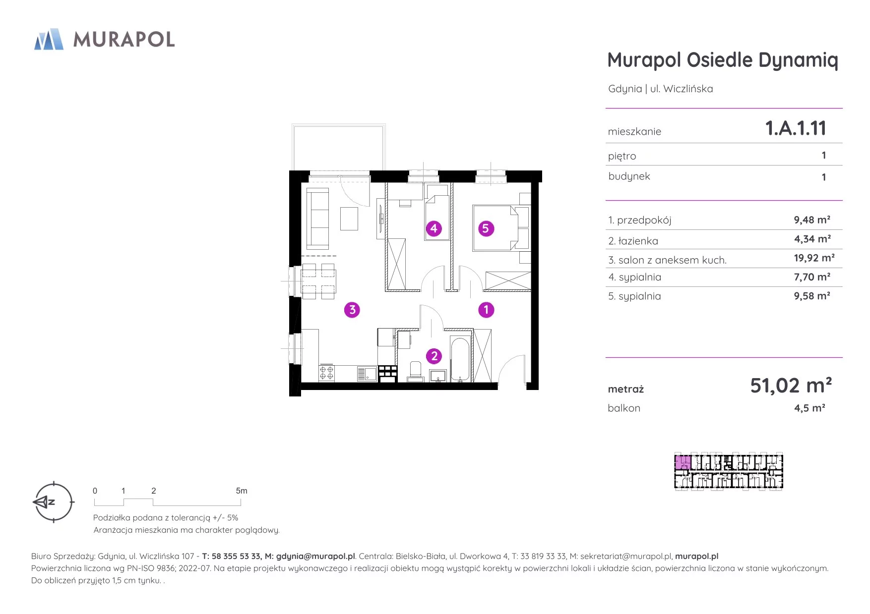 3 pokoje, mieszkanie 51,02 m², piętro 1, oferta nr 1.A.1.11, Murapol Osiedle Dynamiq, Gdynia, Chwarzno-Wiczlino, ul. Wiczlińska