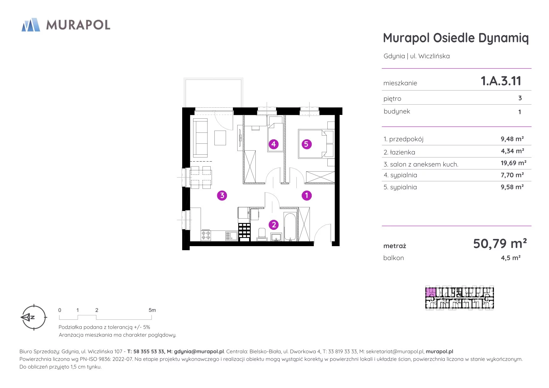 Mieszkanie 50,79 m², piętro 3, oferta nr 1.A.3.11, Murapol Osiedle Dynamiq, Gdynia, Chwarzno-Wiczlino, ul. Wiczlińska