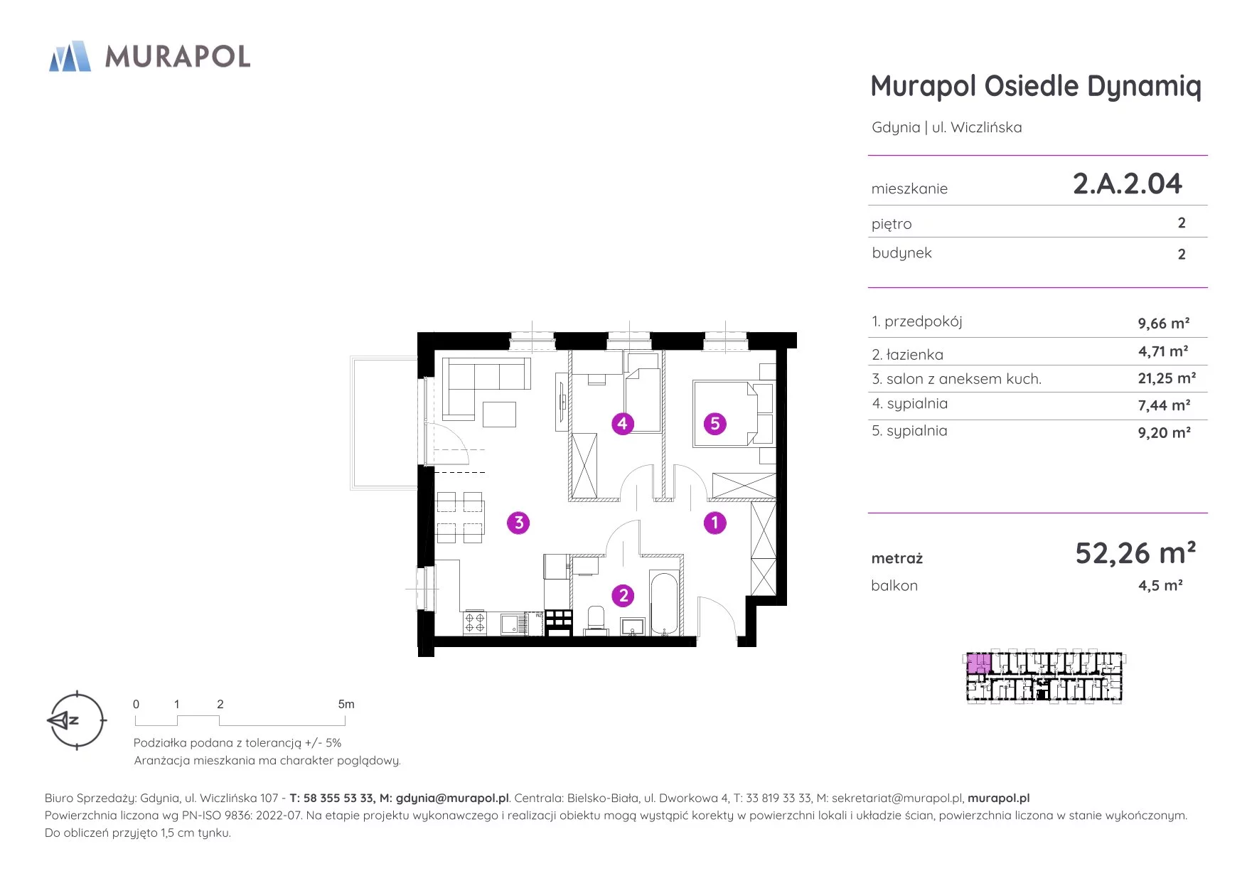 Mieszkanie 52,26 m², piętro 2, oferta nr 2.A.2.04, Murapol Osiedle Dynamiq, Gdynia, Chwarzno-Wiczlino, ul. Wiczlińska