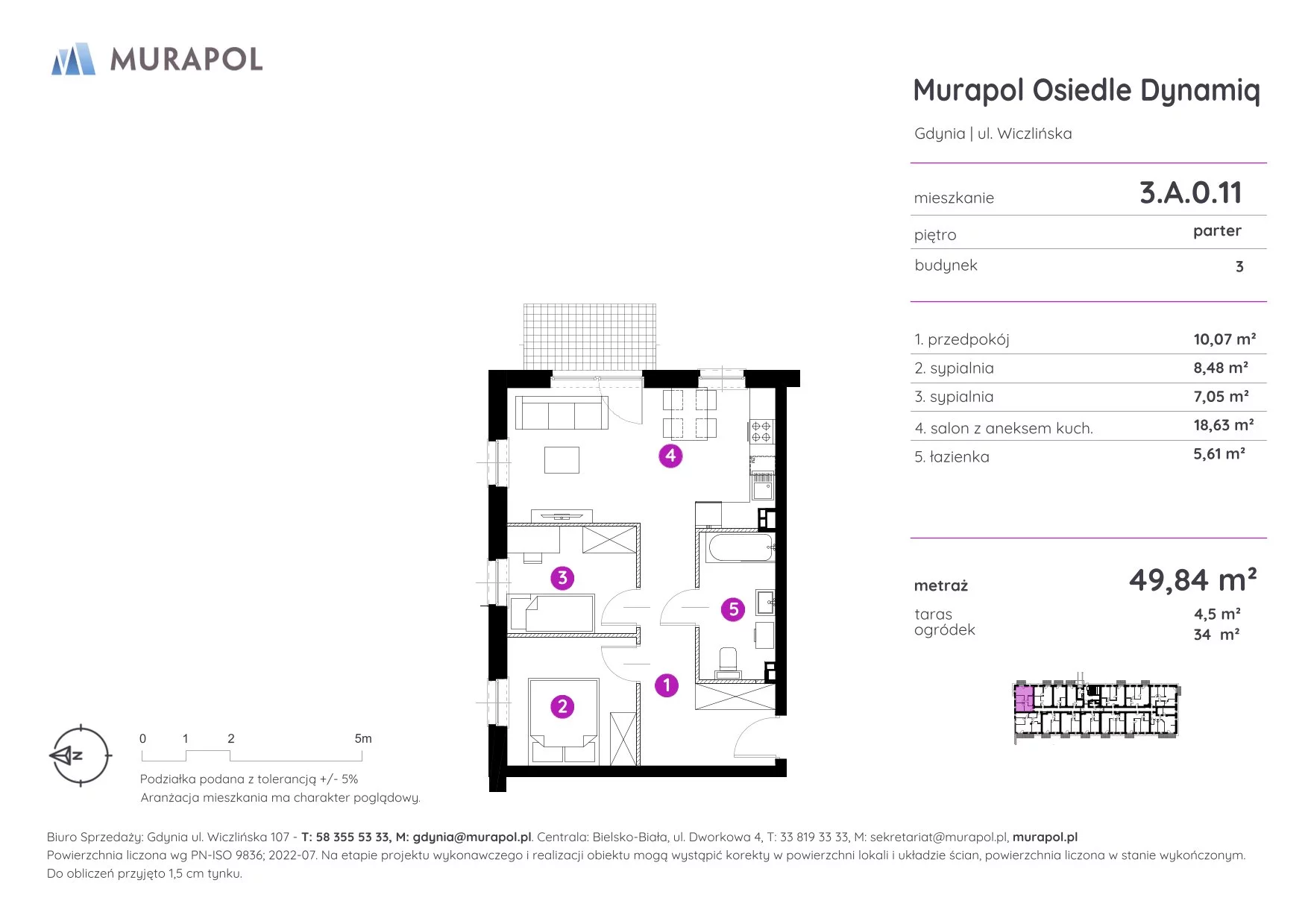 Mieszkanie 49,84 m², parter, oferta nr 3.A.0.11, Murapol Osiedle Dynamiq, Gdynia, Chwarzno-Wiczlino, ul. Wiczlińska