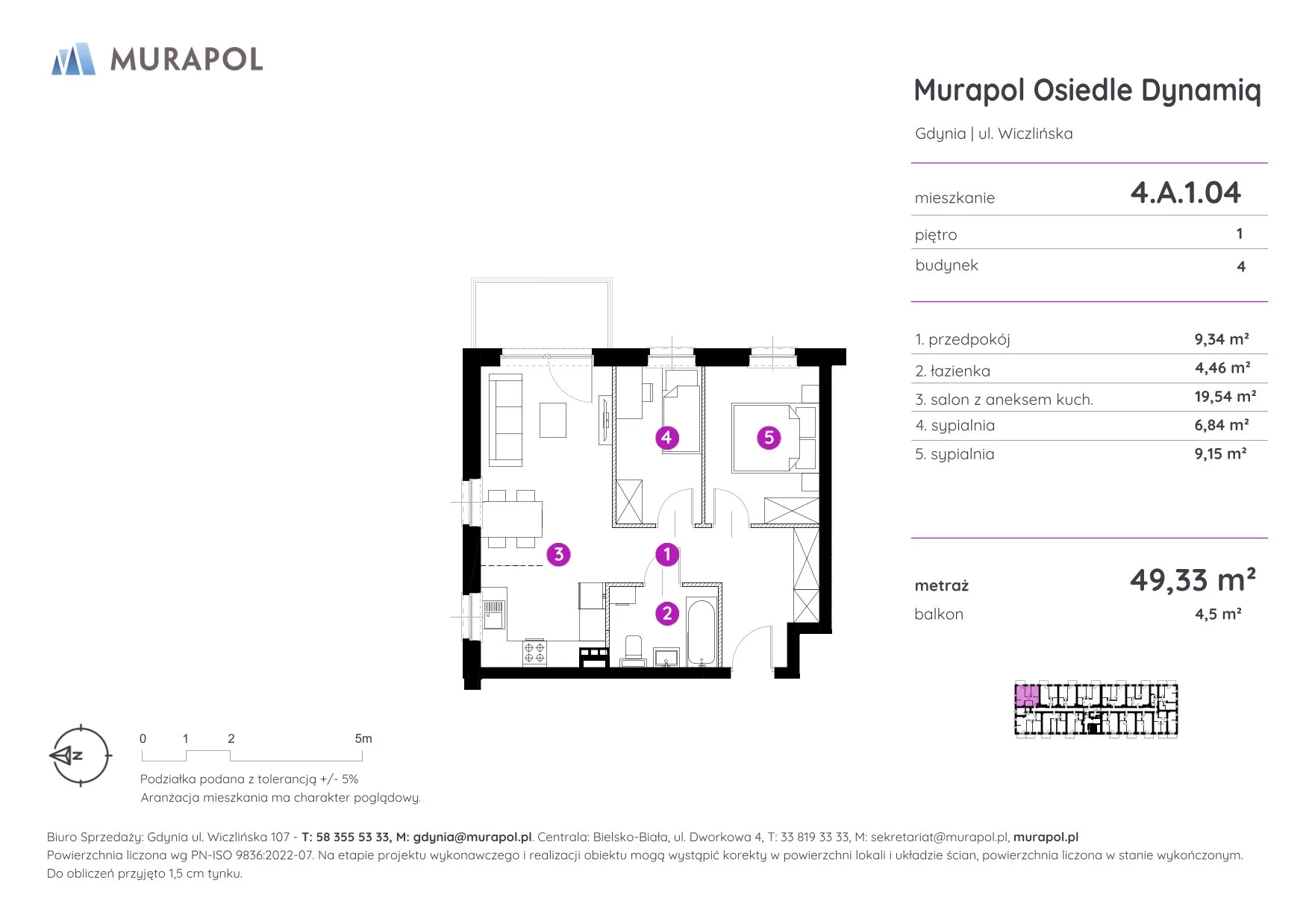 Mieszkanie 49,33 m², piętro 1, oferta nr 4.A.1.04, Murapol Osiedle Dynamiq, Gdynia, Chwarzno-Wiczlino, ul. Wiczlińska