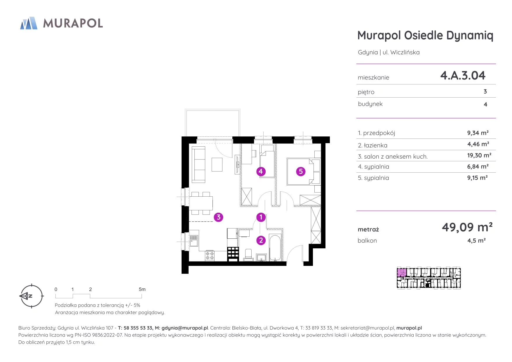 Mieszkanie 49,09 m², piętro 3, oferta nr 4.A.3.04, Murapol Osiedle Dynamiq, Gdynia, Chwarzno-Wiczlino, ul. Wiczlińska