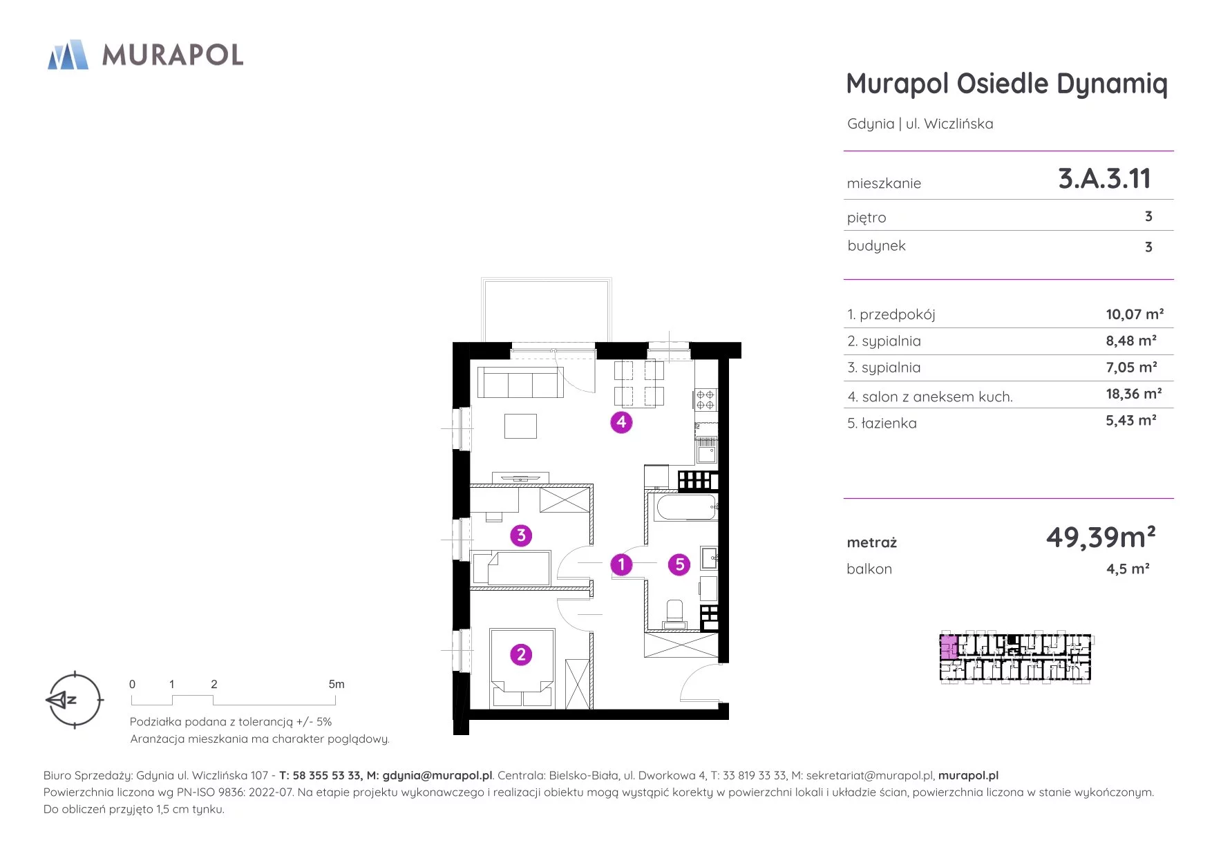 3 pokoje, mieszkanie 49,39 m², piętro 3, oferta nr 3.A.3.11, Murapol Osiedle Dynamiq, Gdynia, Chwarzno-Wiczlino, ul. Wiczlińska