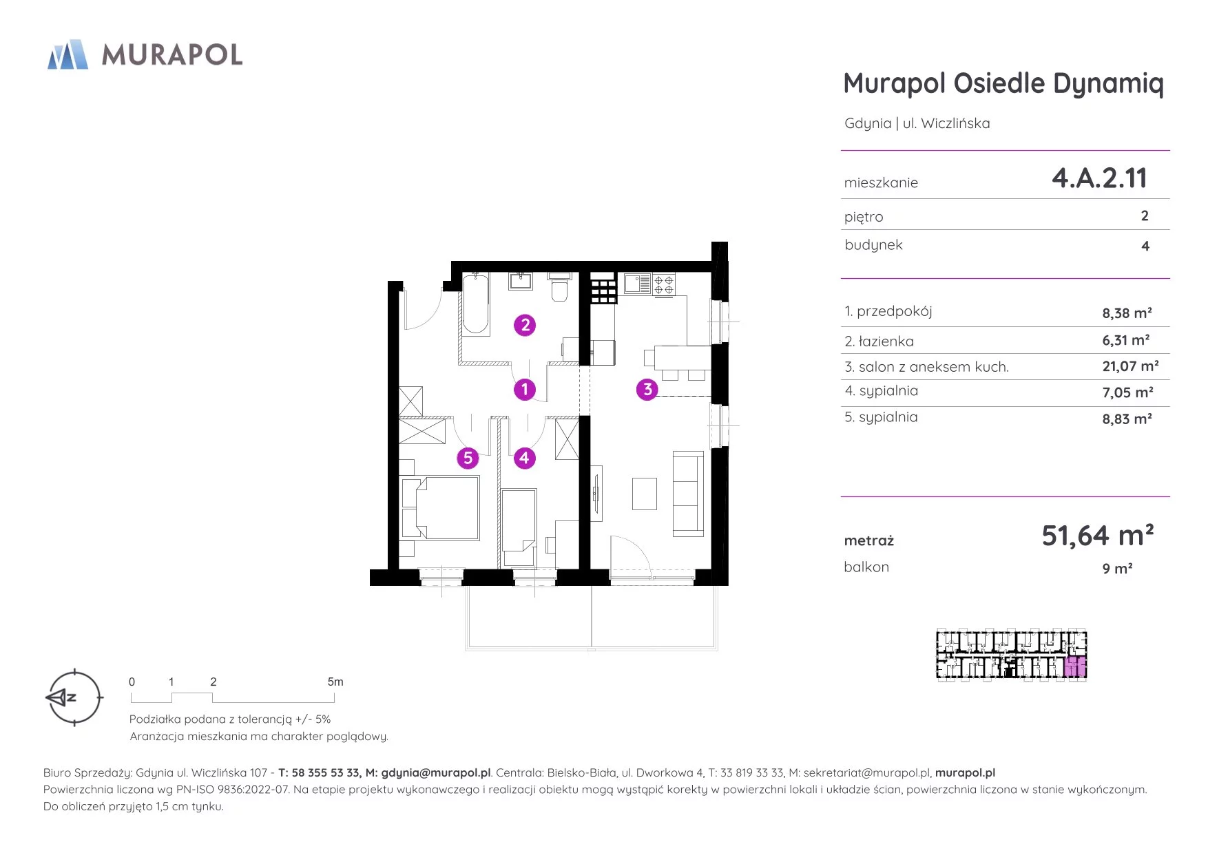 3 pokoje, mieszkanie 51,64 m², piętro 2, oferta nr 4.A.2.11, Murapol Osiedle Dynamiq, Gdynia, Chwarzno-Wiczlino, ul. Wiczlińska