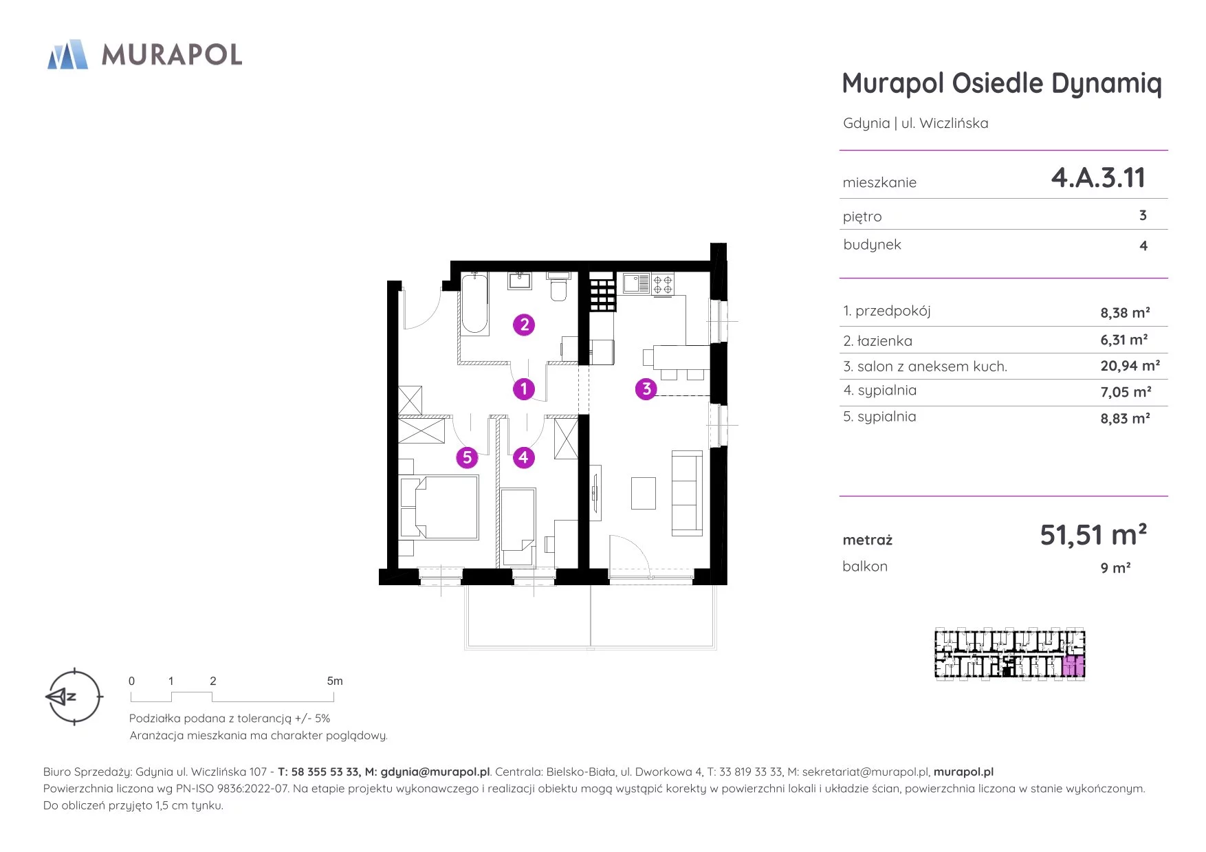3 pokoje, mieszkanie 51,51 m², piętro 3, oferta nr 4.A.3.11, Murapol Osiedle Dynamiq, Gdynia, Chwarzno-Wiczlino, ul. Wiczlińska