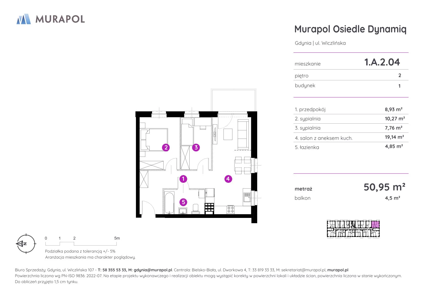 3 pokoje, mieszkanie 50,95 m², piętro 2, oferta nr 1.A.2.04, Murapol Osiedle Dynamiq, Gdynia, Chwarzno-Wiczlino, ul. Wiczlińska
