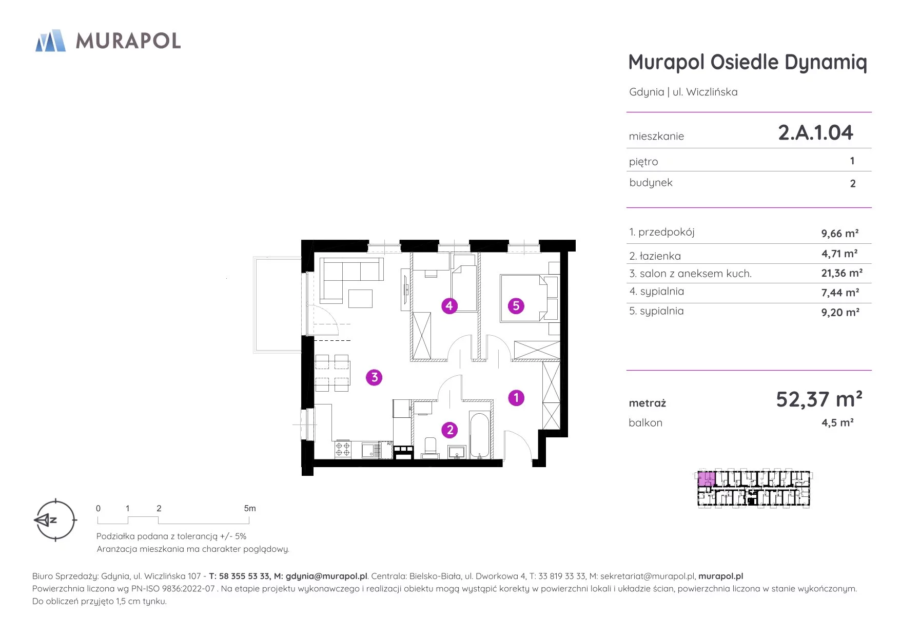 3 pokoje, mieszkanie 52,37 m², piętro 1, oferta nr 2.A.1.04, Murapol Osiedle Dynamiq, Gdynia, Chwarzno-Wiczlino, ul. Wiczlińska