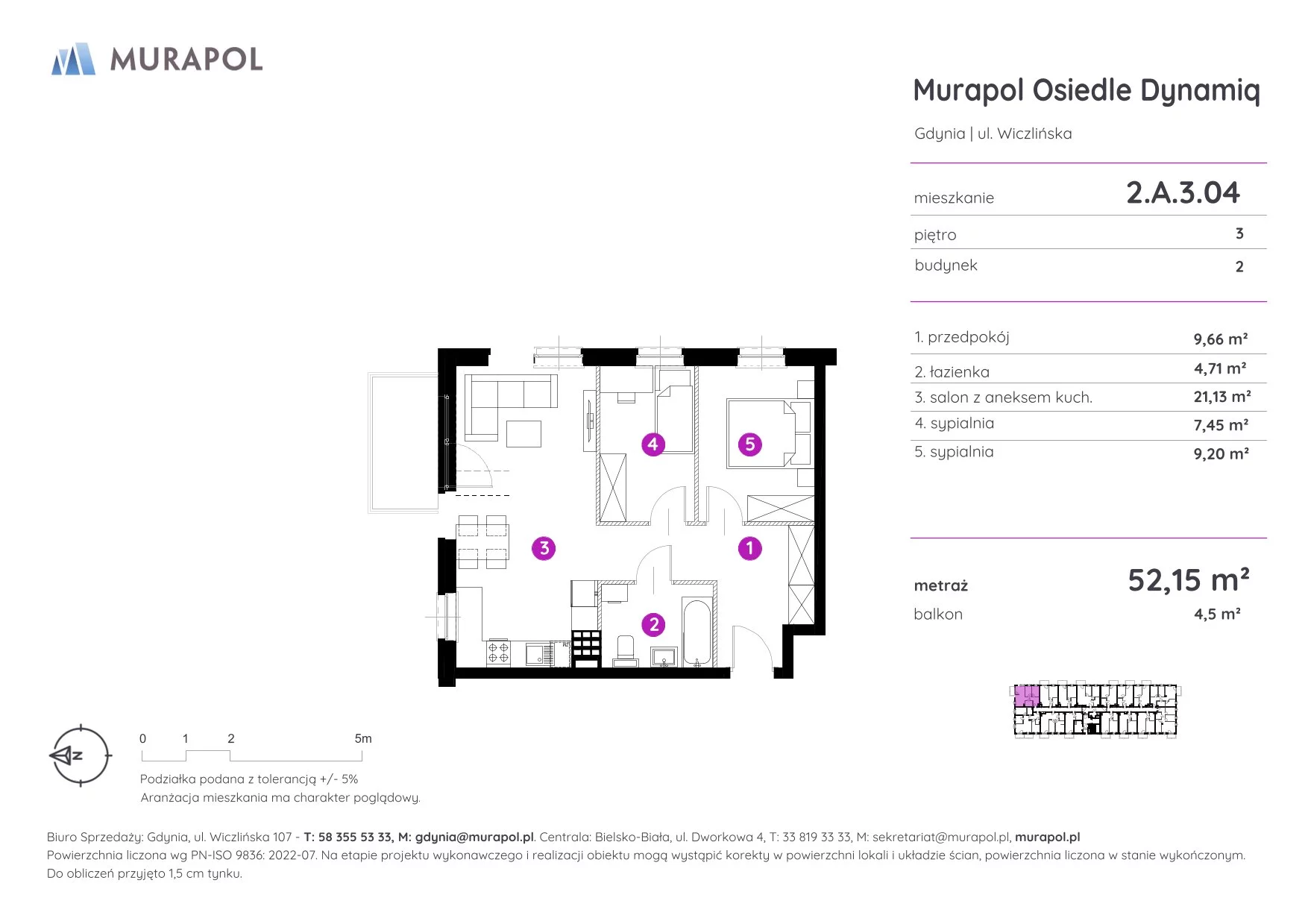 3 pokoje, mieszkanie 52,15 m², piętro 3, oferta nr 2.A.3.04, Murapol Osiedle Dynamiq, Gdynia, Chwarzno-Wiczlino, ul. Wiczlińska