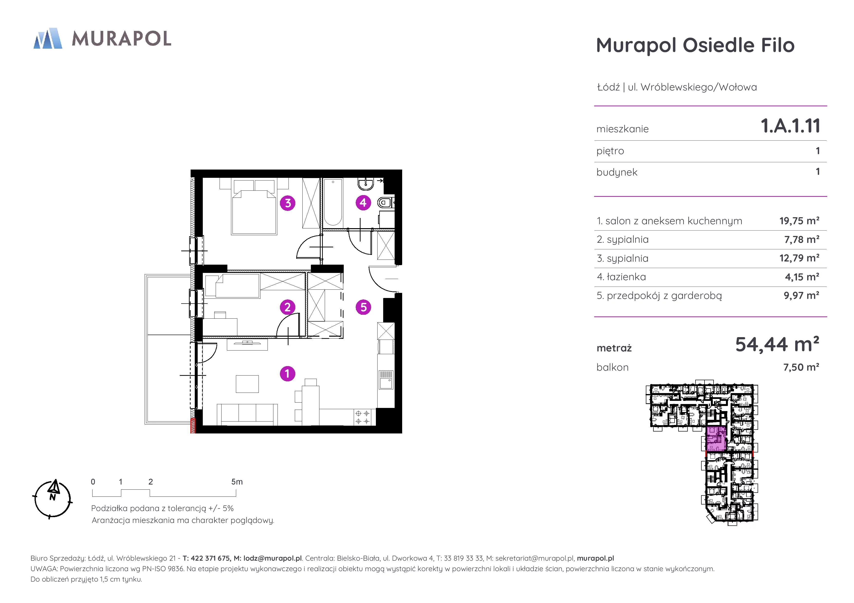 Mieszkanie 54,44 m², piętro 1, oferta nr 1.A.1.11, Murapol Osiedle Filo, Łódź, Polesie, Stare Polesie, ul. Wołowa