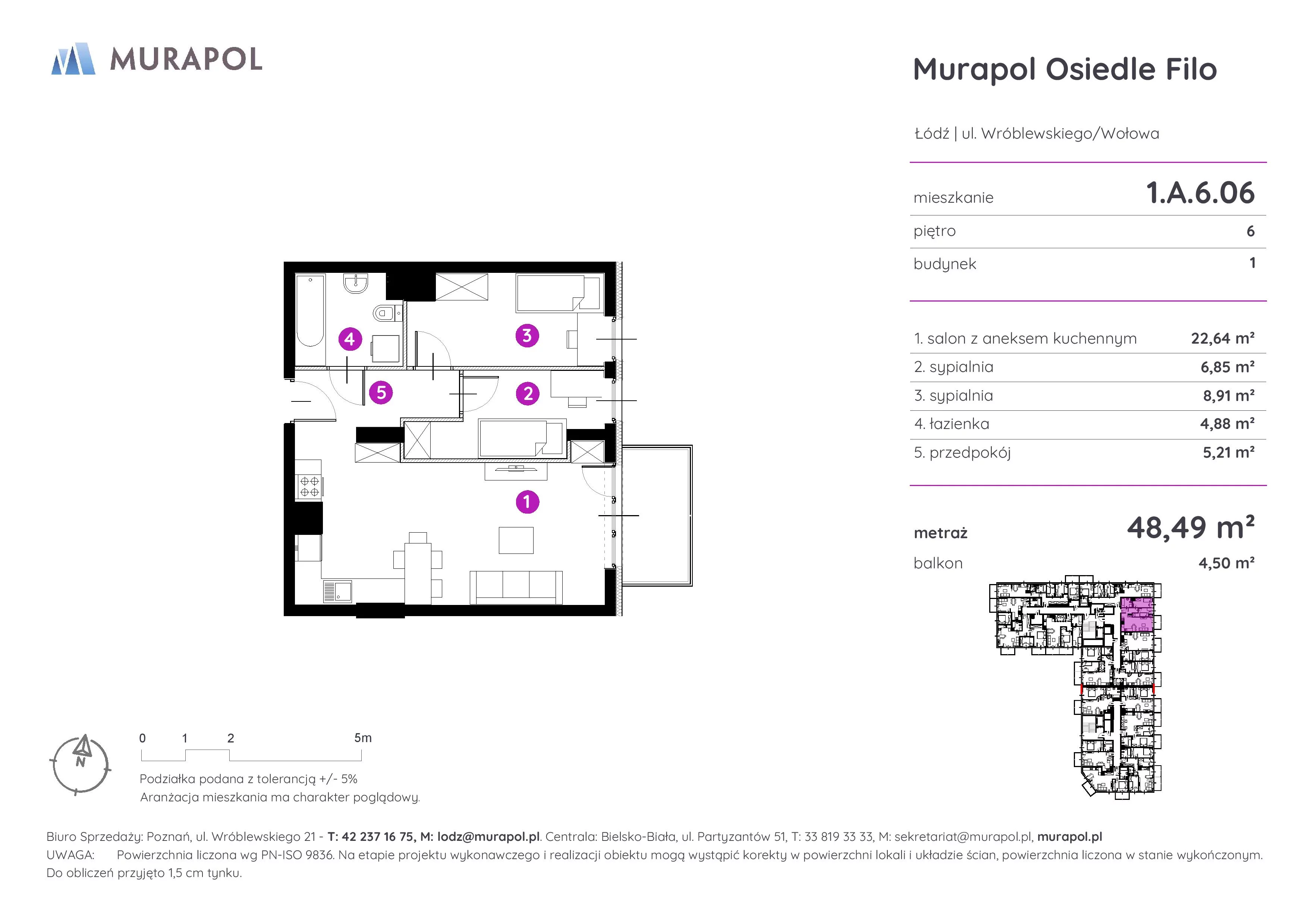 Mieszkanie 48,49 m², piętro 6, oferta nr 1.A.6.06, Murapol Osiedle Filo, Łódź, Polesie, Stare Polesie, ul. Wołowa