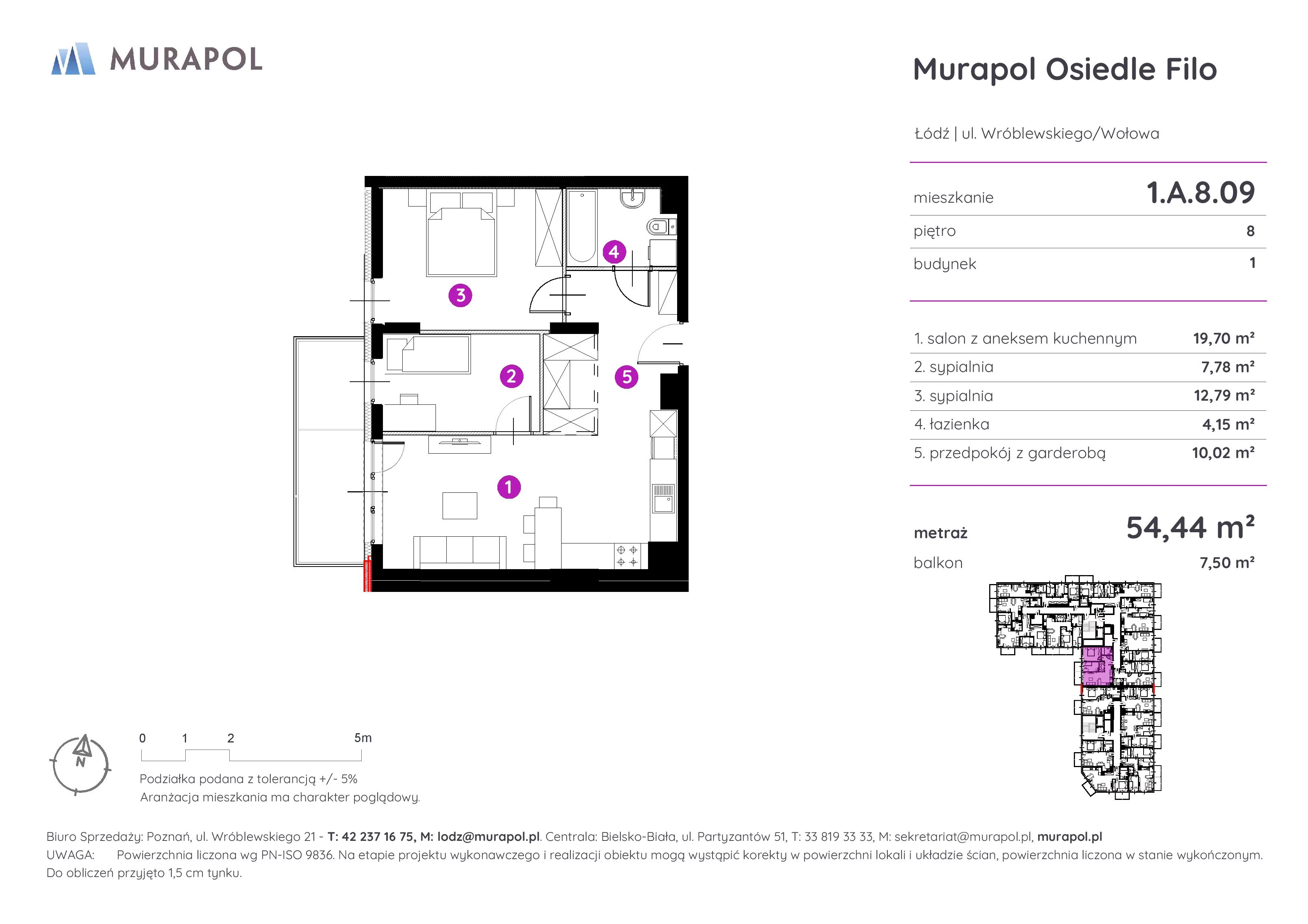 Mieszkanie 54,44 m², piętro 8, oferta nr 1.A.8.09, Murapol Osiedle Filo, Łódź, Polesie, Stare Polesie, ul. Wołowa