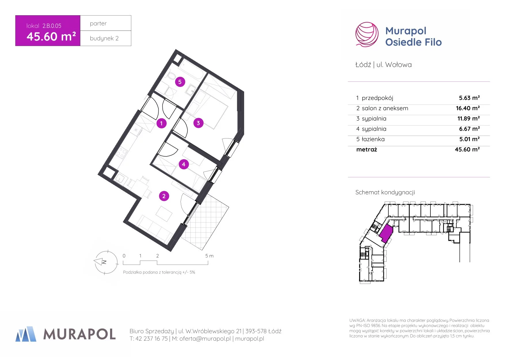 3 pokoje, mieszkanie 45,60 m², parter, oferta nr 2.B.0.05, Murapol Osiedle Filo, Łódź, Polesie, Stare Polesie, ul. Wołowa