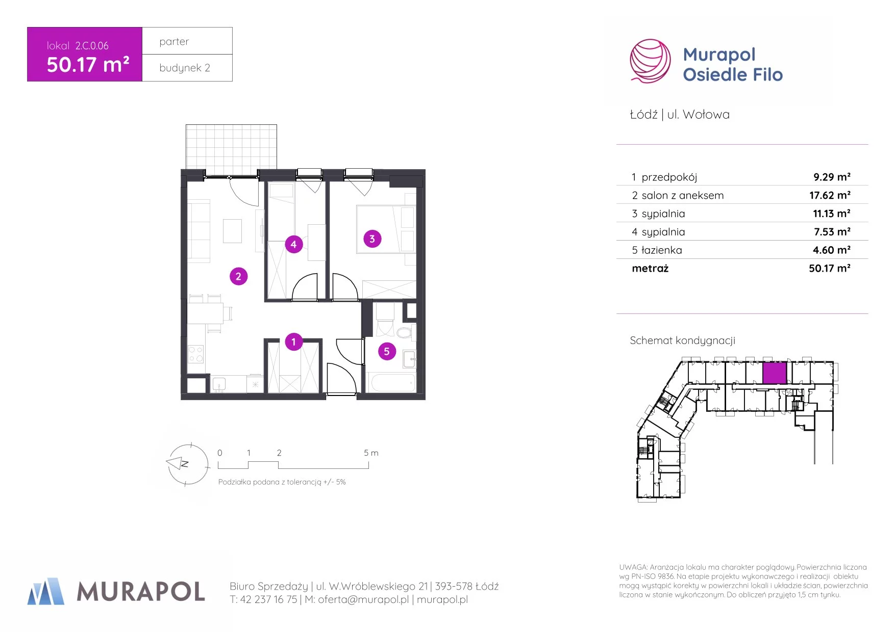 3 pokoje, mieszkanie 50,17 m², parter, oferta nr 2.C.0.06, Murapol Osiedle Filo, Łódź, Polesie, Stare Polesie, ul. Wołowa