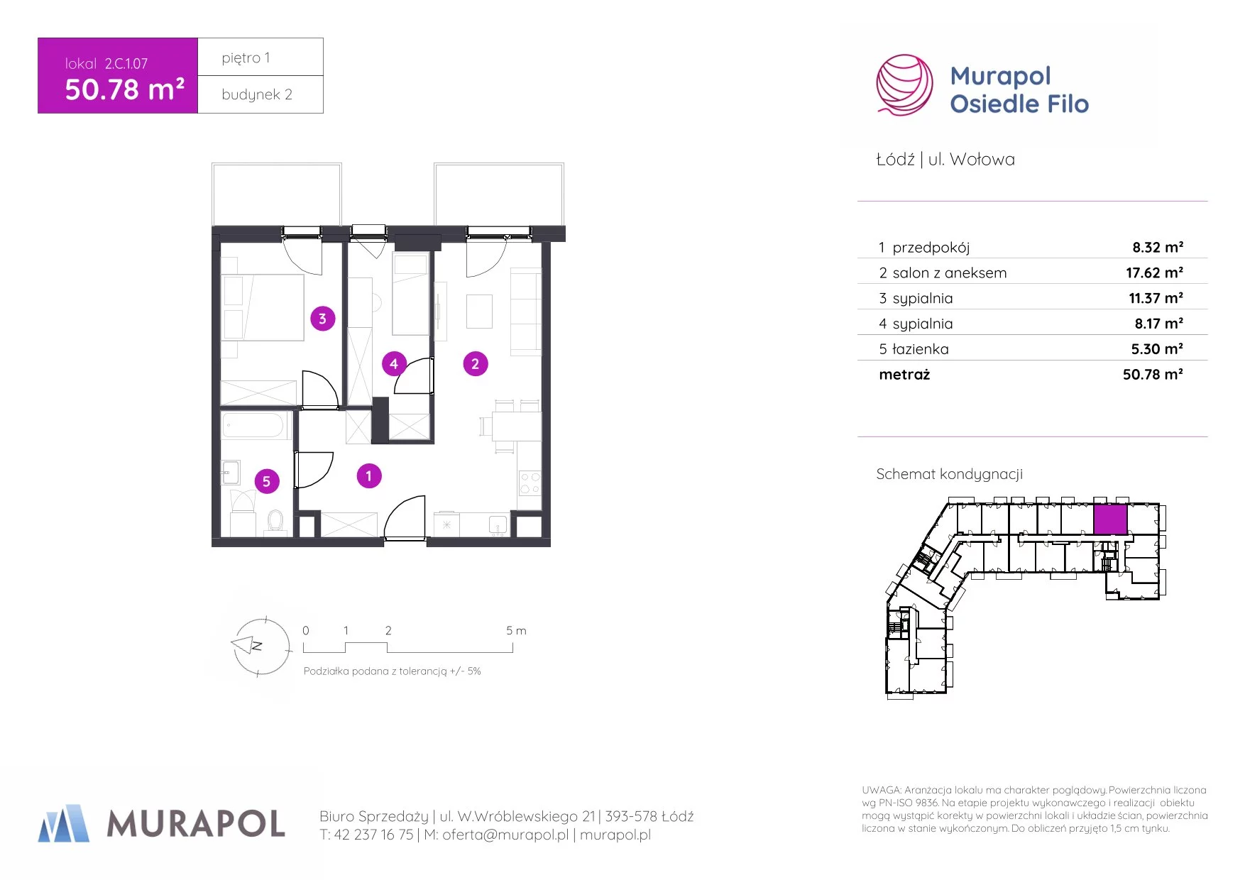 3 pokoje, mieszkanie 50,78 m², piętro 1, oferta nr 2.C.1.07, Murapol Osiedle Filo, Łódź, Polesie, Stare Polesie, ul. Wołowa