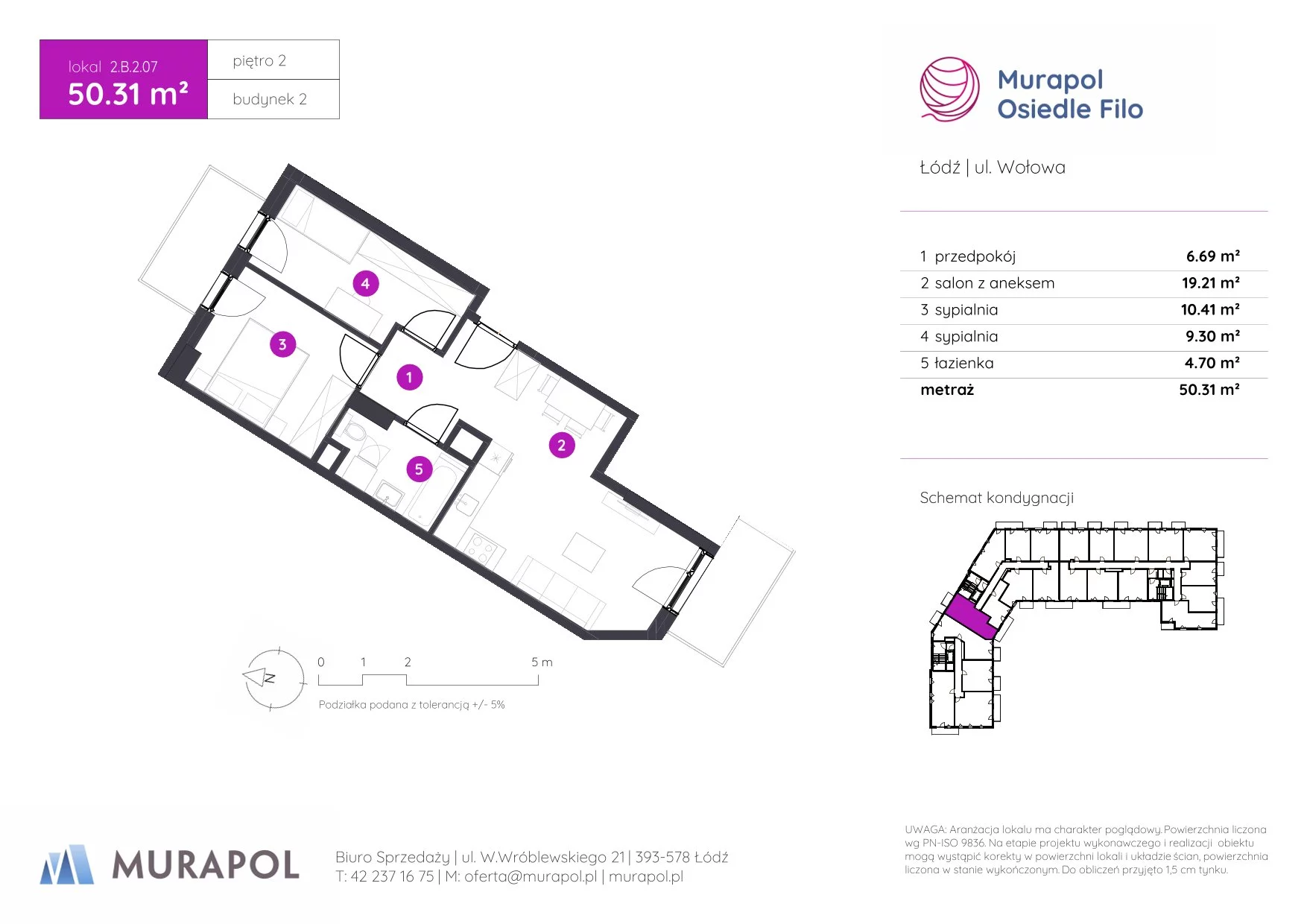 3 pokoje, mieszkanie 50,31 m², piętro 2, oferta nr 2.B.2.07, Murapol Osiedle Filo, Łódź, Polesie, Stare Polesie, ul. Wołowa