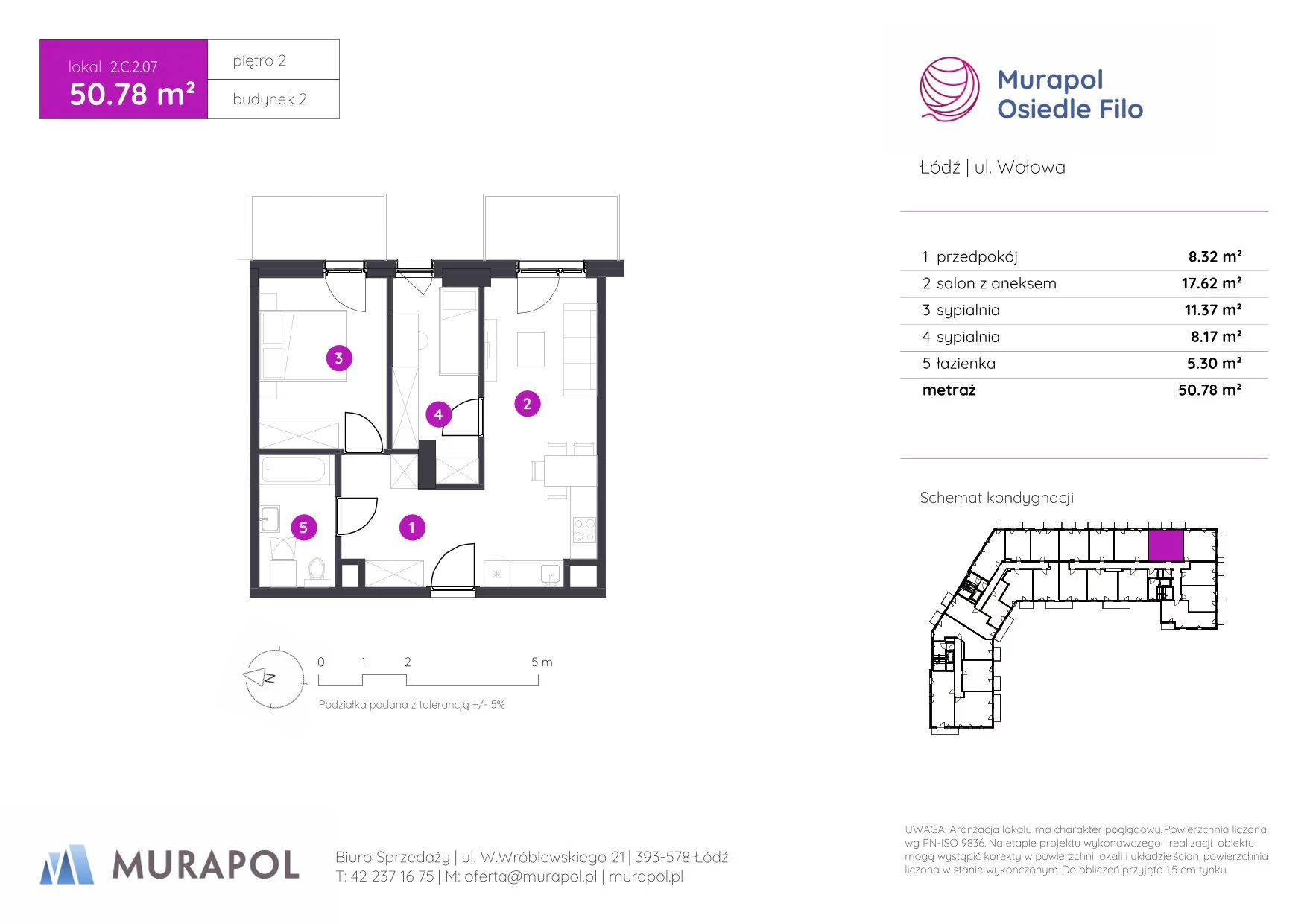 3 pokoje, mieszkanie 50,78 m², piętro 2, oferta nr 2.C.2.07, Murapol Osiedle Filo, Łódź, Polesie, Stare Polesie, ul. Wołowa