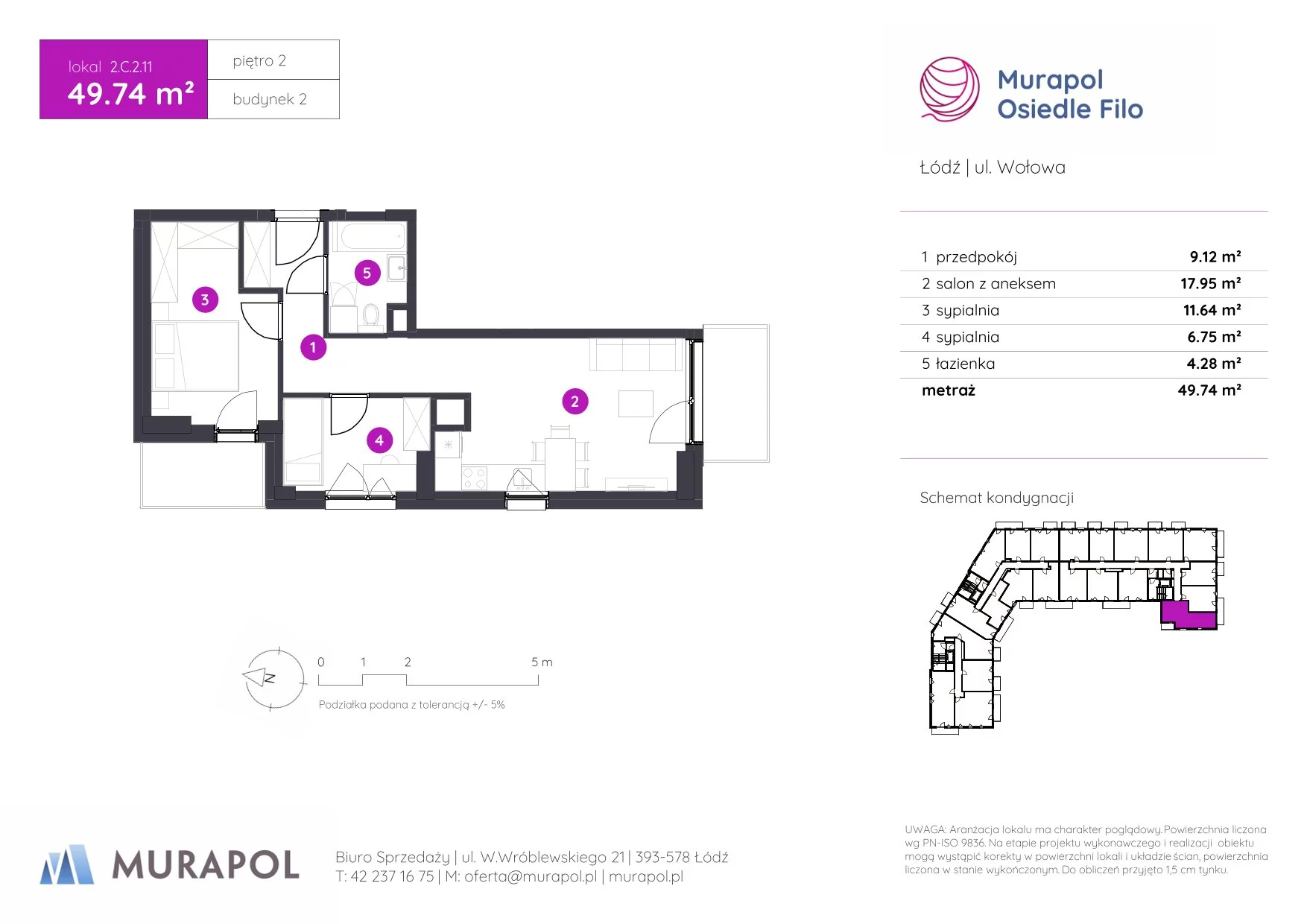3 pokoje, mieszkanie 49,74 m², piętro 2, oferta nr 2.C.2.11, Murapol Osiedle Filo, Łódź, Polesie, Stare Polesie, ul. Wołowa