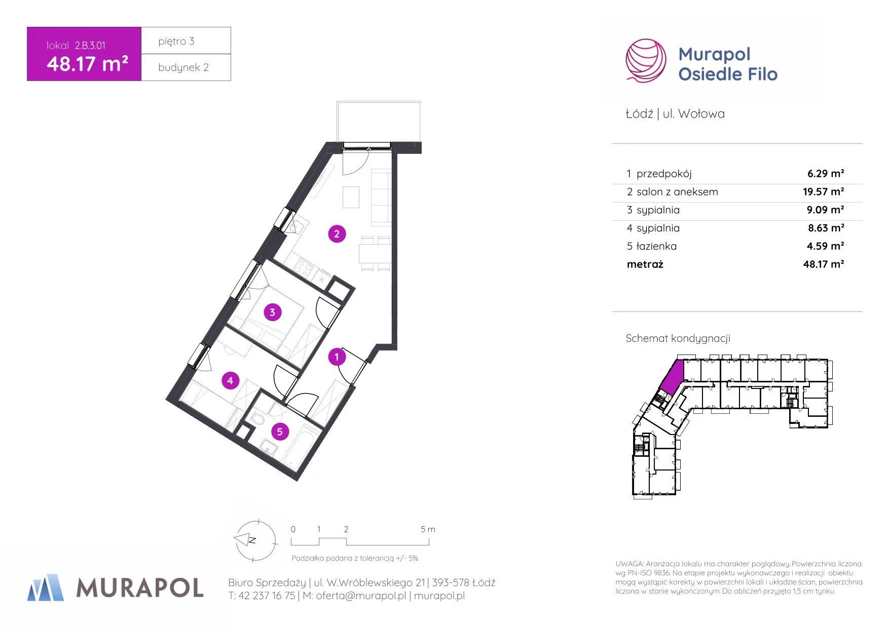 3 pokoje, mieszkanie 48,17 m², piętro 3, oferta nr 2.B.3.01, Murapol Osiedle Filo, Łódź, Polesie, Stare Polesie, ul. Wołowa