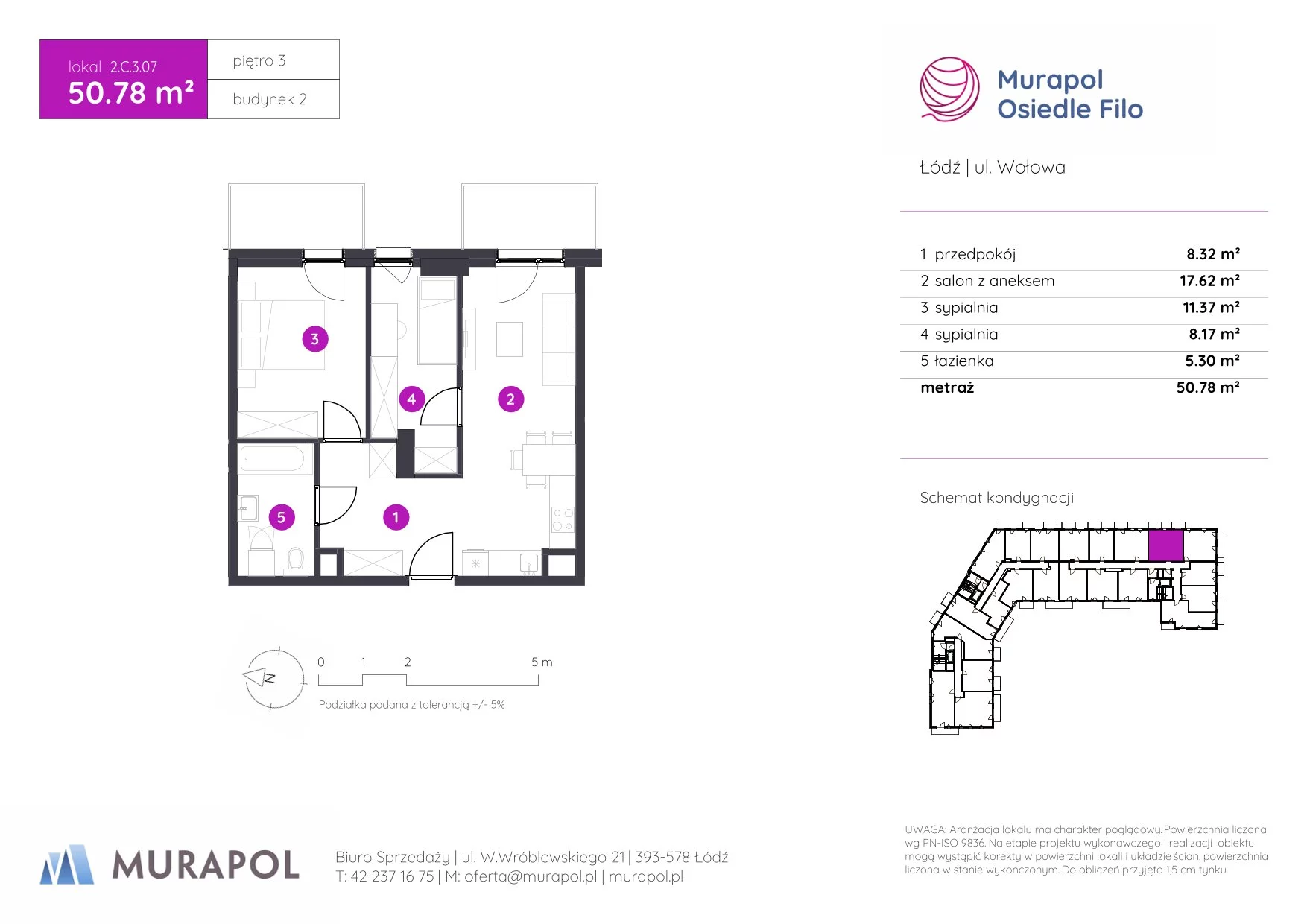 3 pokoje, mieszkanie 50,78 m², piętro 3, oferta nr 2.C.3.07, Murapol Osiedle Filo, Łódź, Polesie, Stare Polesie, ul. Wołowa