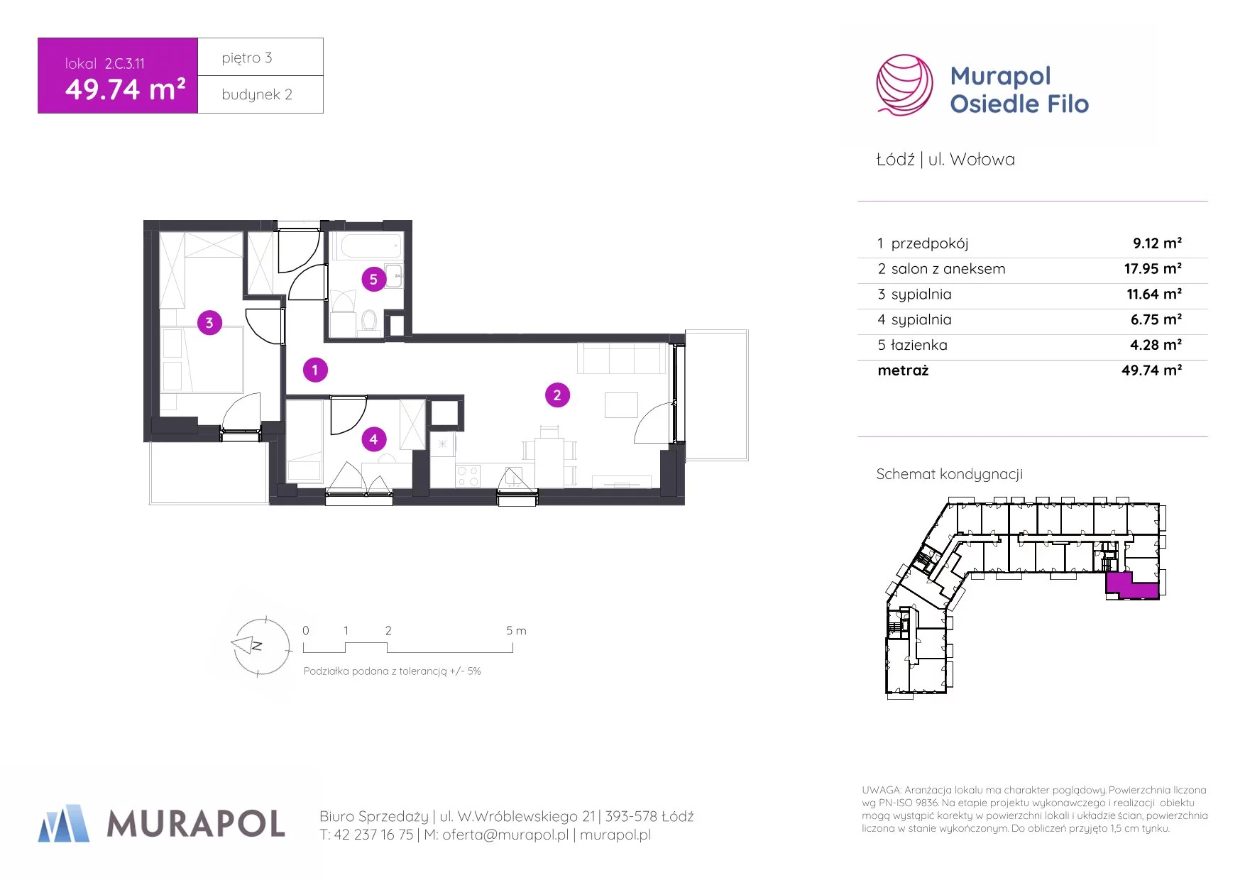 3 pokoje, mieszkanie 49,74 m², piętro 3, oferta nr 2.C.3.11, Murapol Osiedle Filo, Łódź, Polesie, Stare Polesie, ul. Wołowa