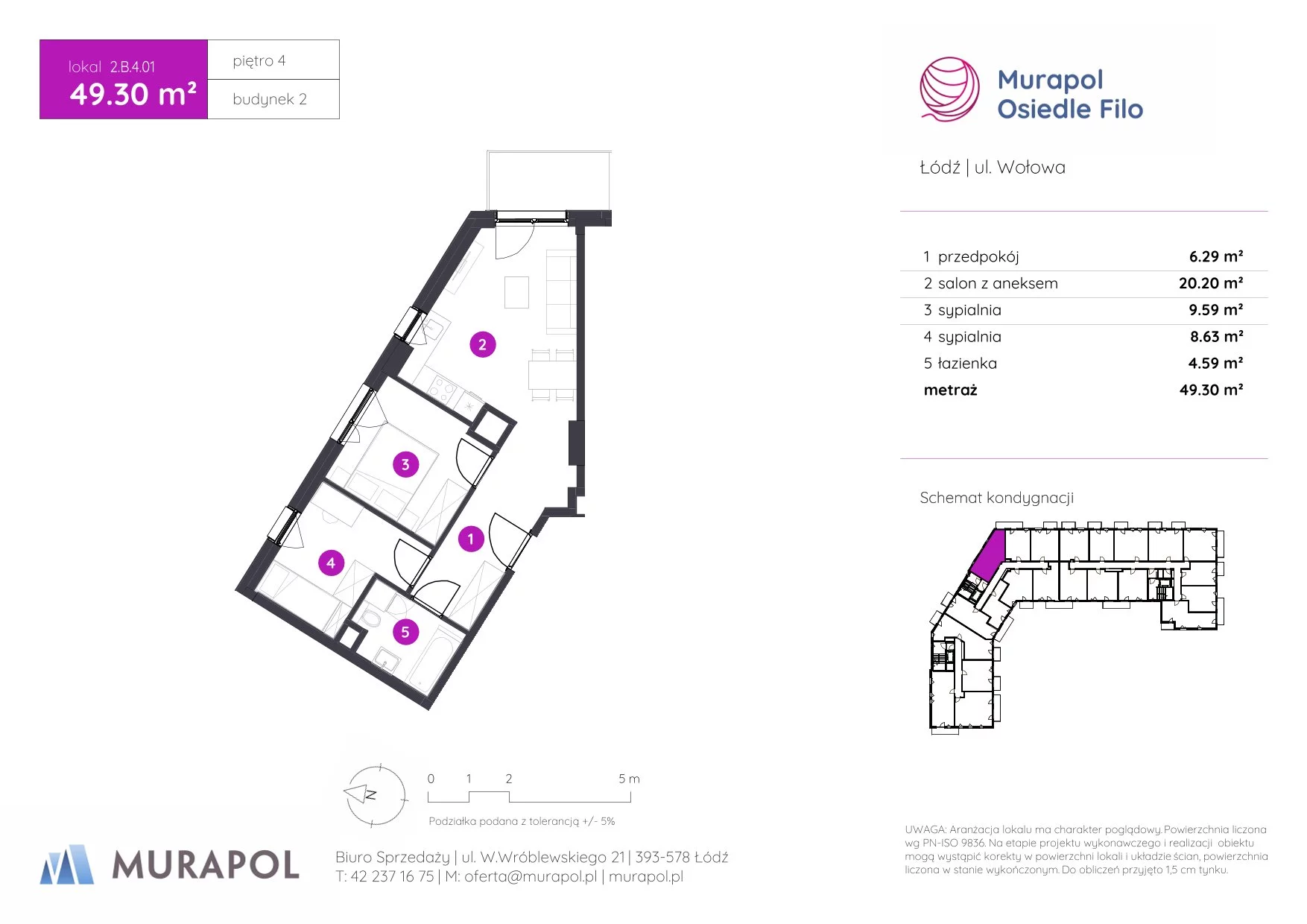 3 pokoje, mieszkanie 49,30 m², piętro 4, oferta nr 2.B.4.01, Murapol Osiedle Filo, Łódź, Polesie, Stare Polesie, ul. Wołowa