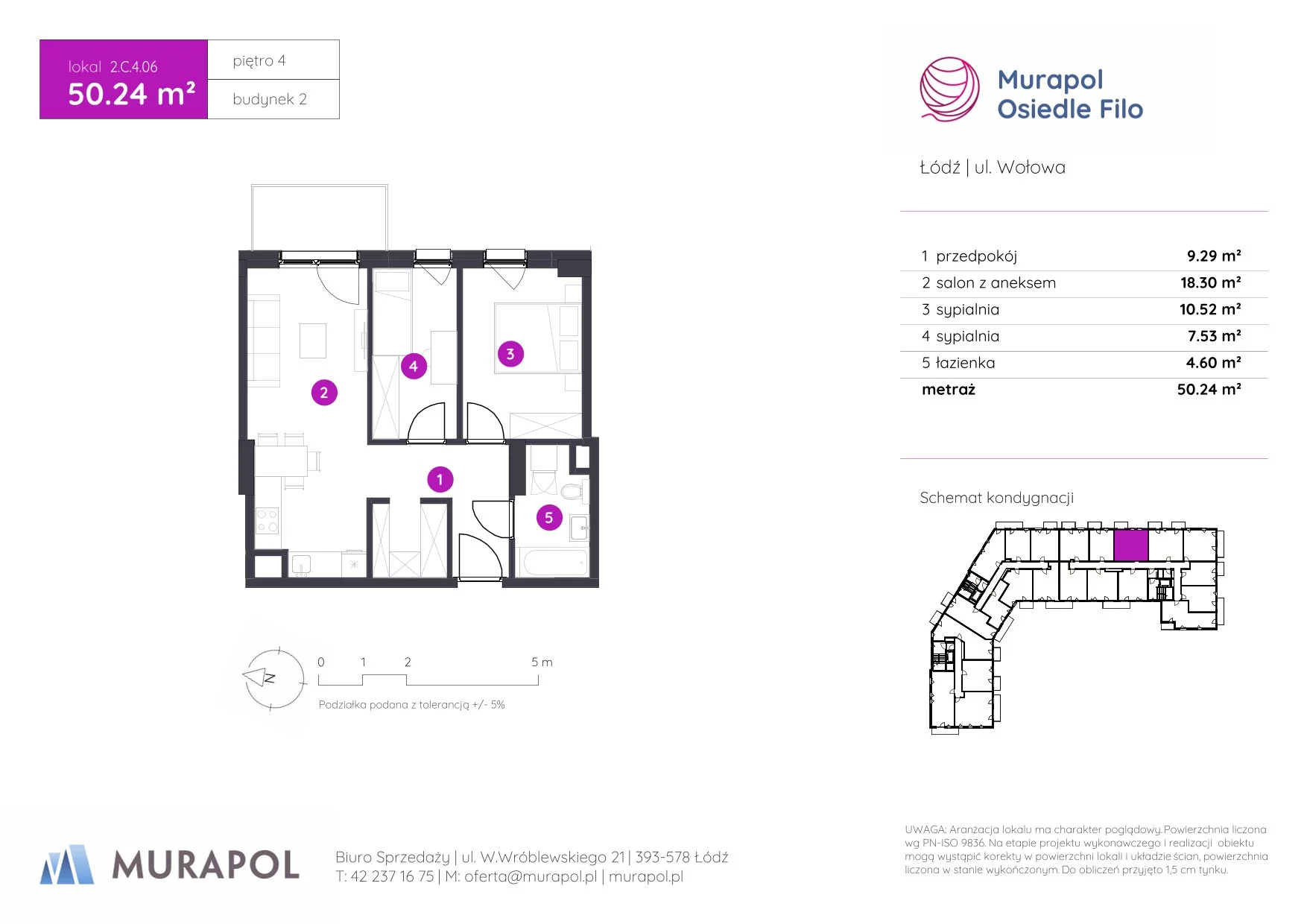 3 pokoje, mieszkanie 50,24 m², piętro 4, oferta nr 2.C.4.06, Murapol Osiedle Filo, Łódź, Polesie, Stare Polesie, ul. Wołowa