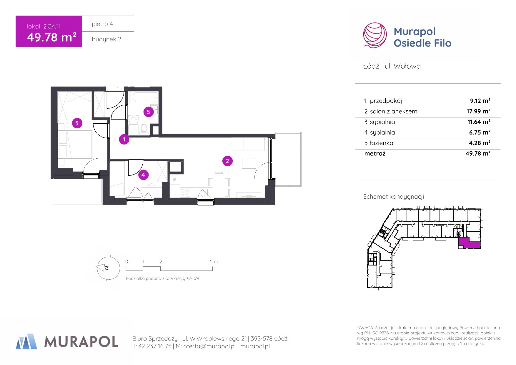 3 pokoje, mieszkanie 49,78 m², piętro 4, oferta nr 2.C.4.11, Murapol Osiedle Filo, Łódź, Polesie, Stare Polesie, ul. Wołowa