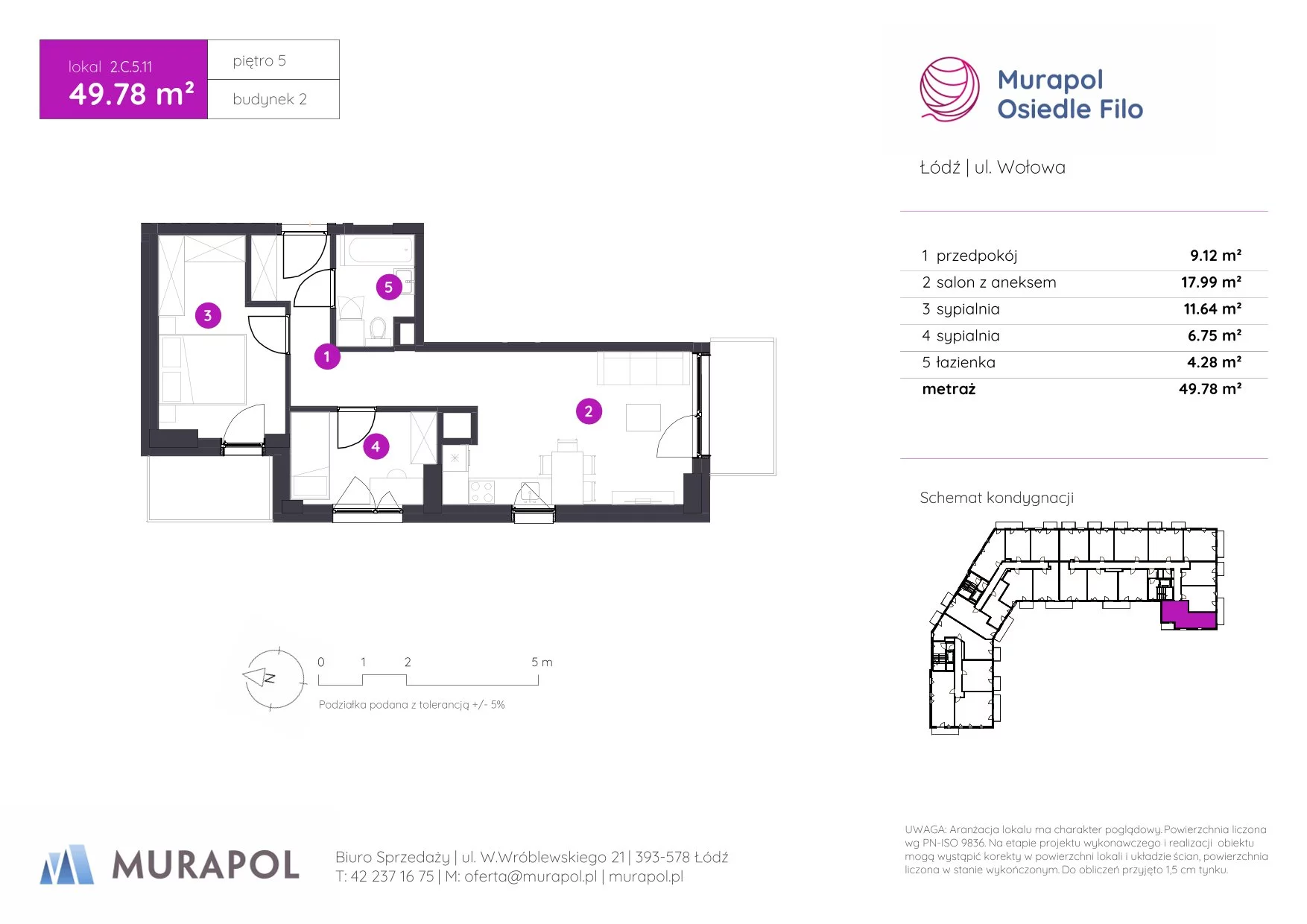 3 pokoje, mieszkanie 49,78 m², piętro 5, oferta nr 2.C.5.11, Murapol Osiedle Filo, Łódź, Polesie, Stare Polesie, ul. Wołowa