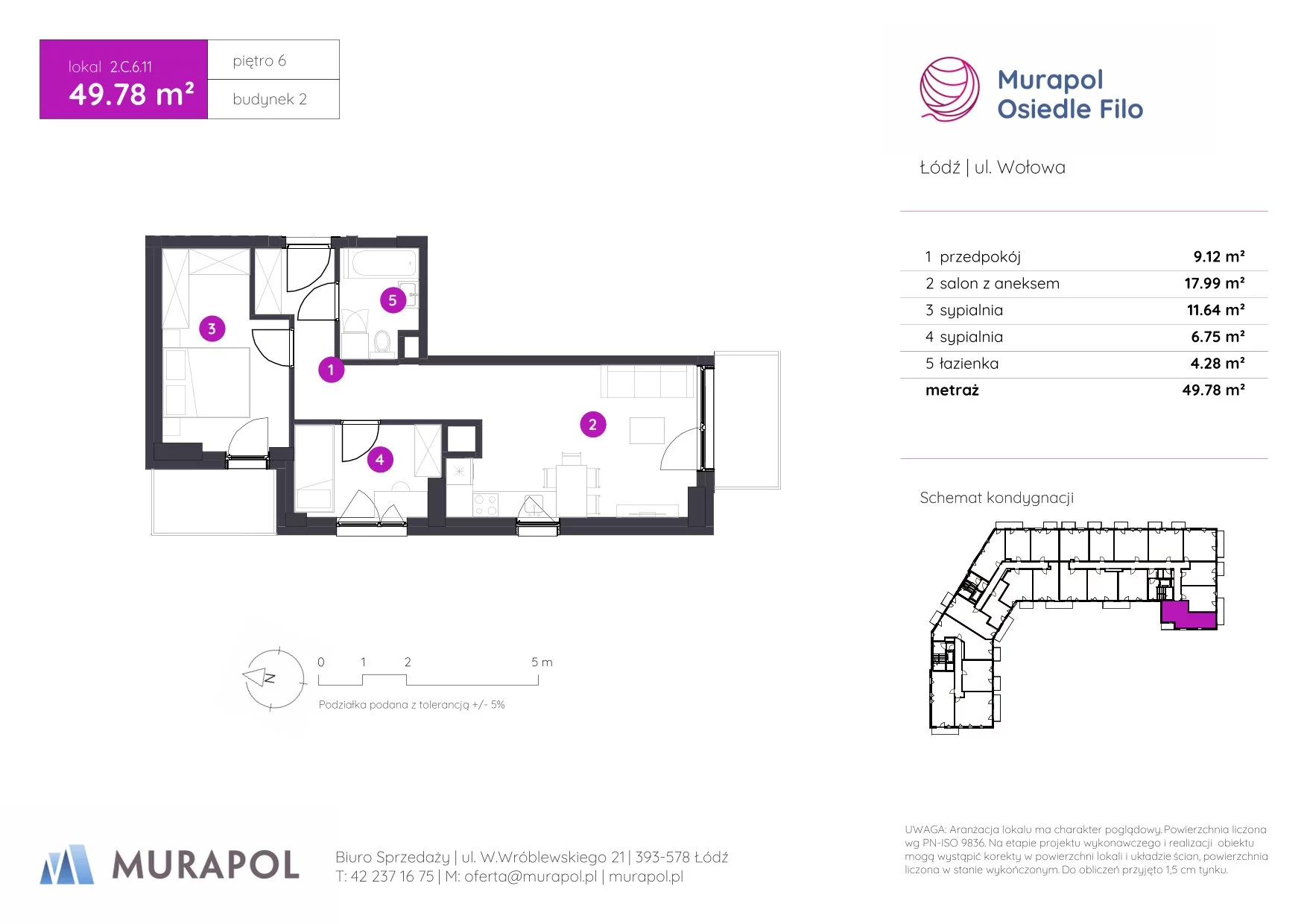 3 pokoje, mieszkanie 49,78 m², piętro 6, oferta nr 2.C.6.11, Murapol Osiedle Filo, Łódź, Polesie, Stare Polesie, ul. Wołowa