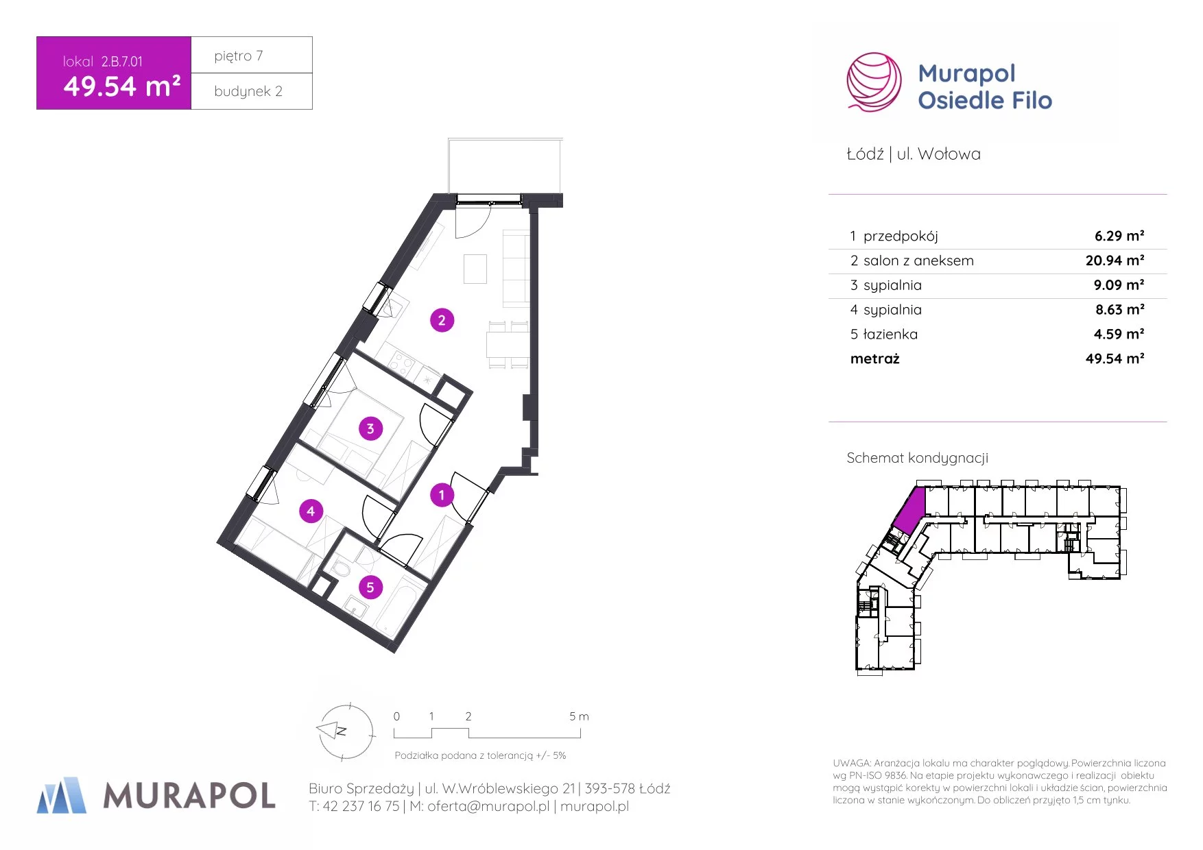 3 pokoje, mieszkanie 49,54 m², piętro 7, oferta nr 2.B.7.01, Murapol Osiedle Filo, Łódź, Polesie, Stare Polesie, ul. Wołowa