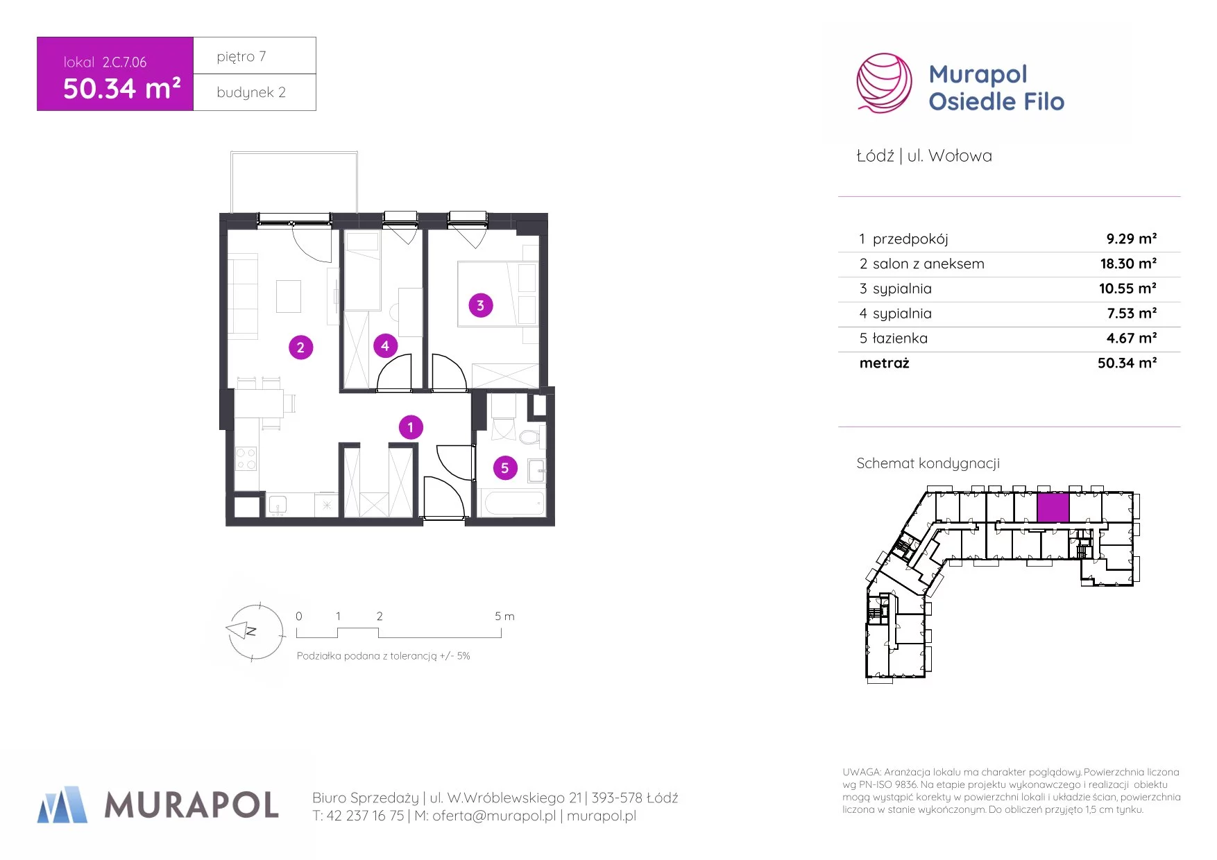 3 pokoje, mieszkanie 50,34 m², piętro 7, oferta nr 2.C.7.06, Murapol Osiedle Filo, Łódź, Polesie, Stare Polesie, ul. Wołowa