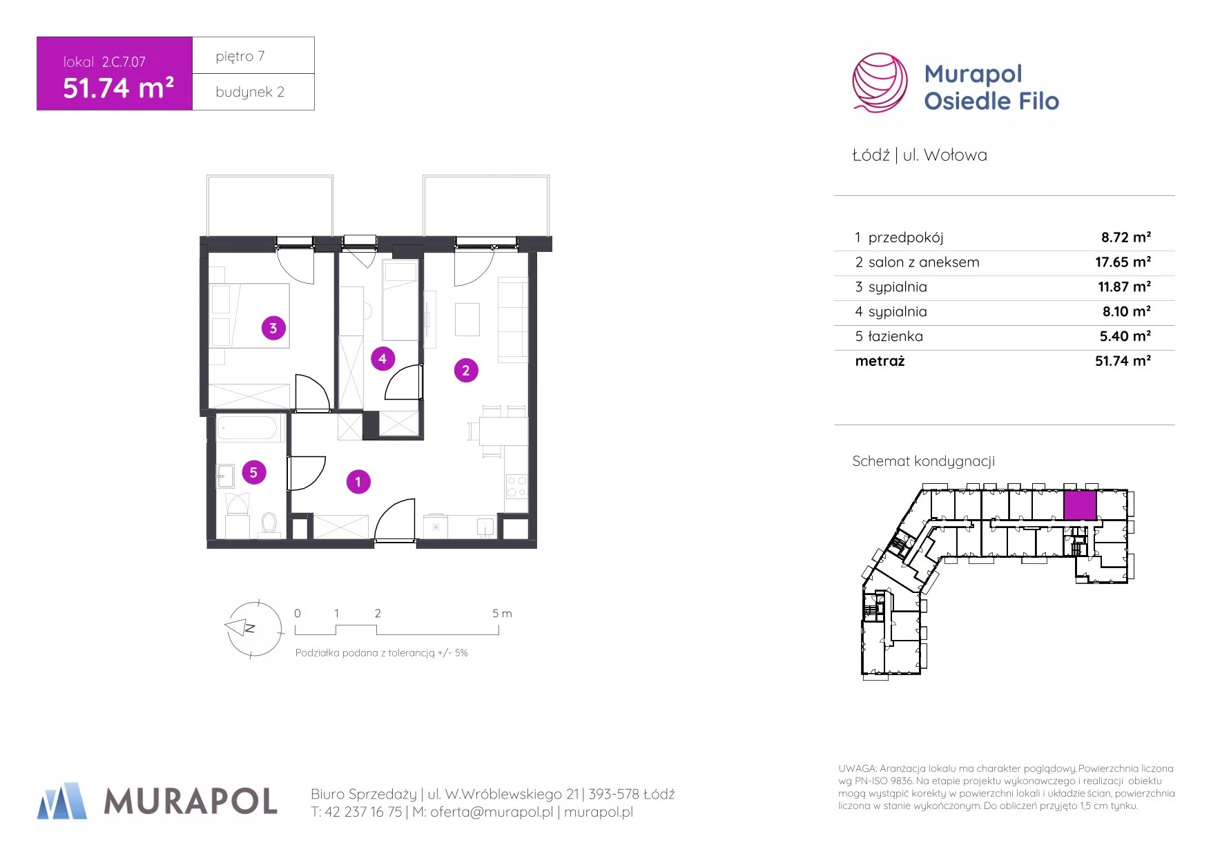 3 pokoje, mieszkanie 51,74 m², piętro 7, oferta nr 2.C.7.07, Murapol Osiedle Filo, Łódź, Polesie, Stare Polesie, ul. Wołowa