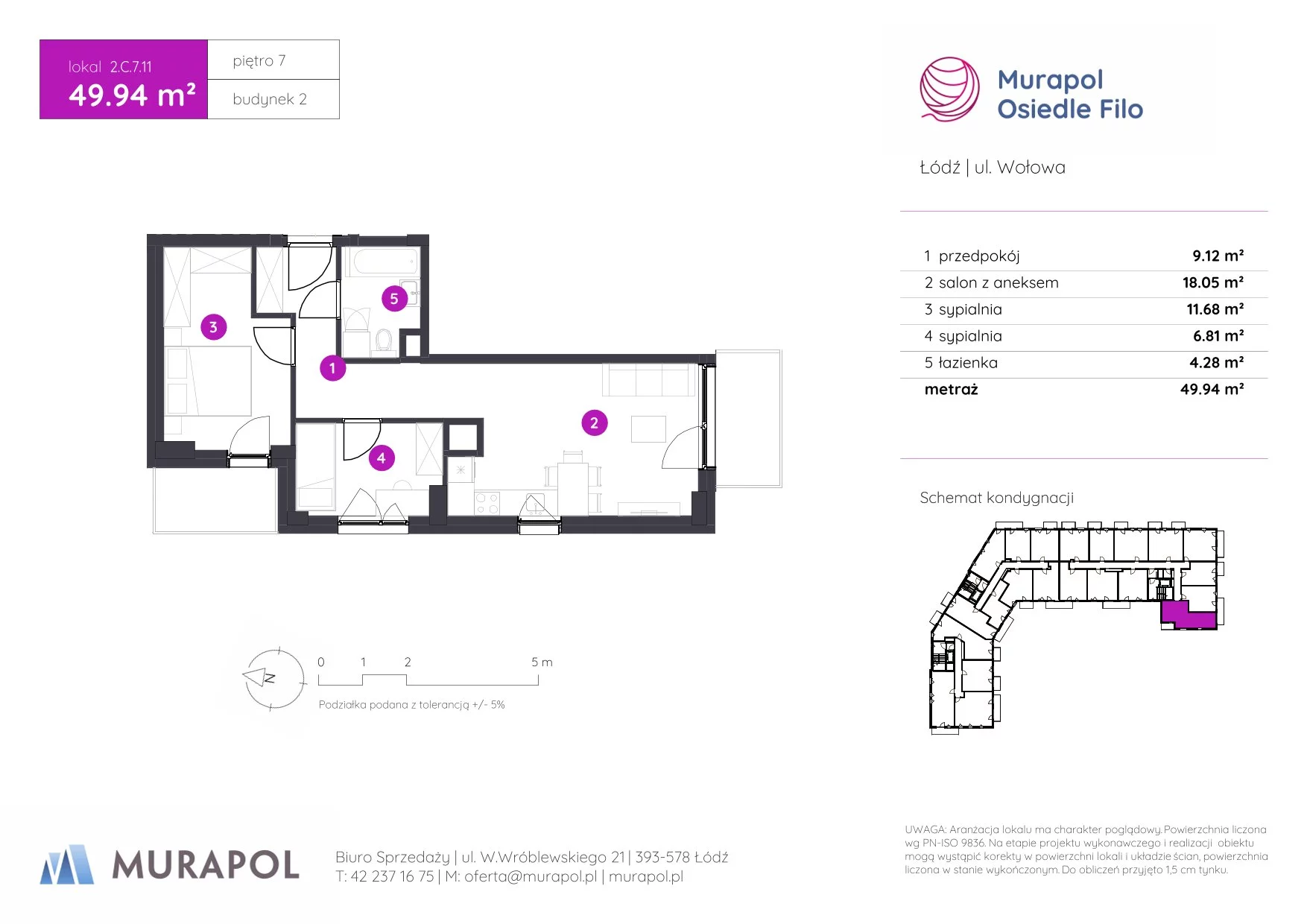 3 pokoje, mieszkanie 49,94 m², piętro 7, oferta nr 2.C.7.11, Murapol Osiedle Filo, Łódź, Polesie, Stare Polesie, ul. Wołowa