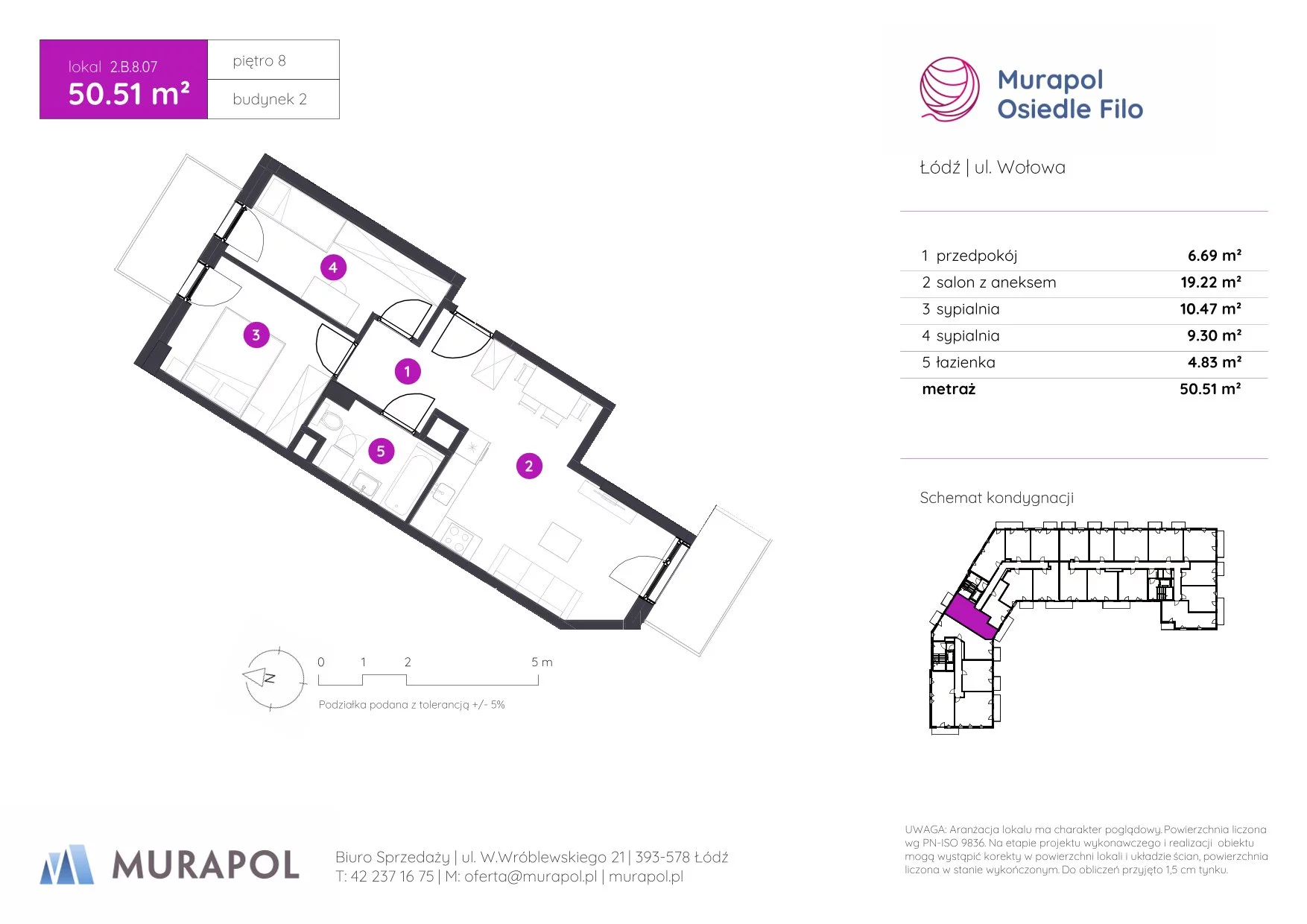 3 pokoje, mieszkanie 50,51 m², piętro 8, oferta nr 2.B.8.07, Murapol Osiedle Filo, Łódź, Polesie, Stare Polesie, ul. Wołowa