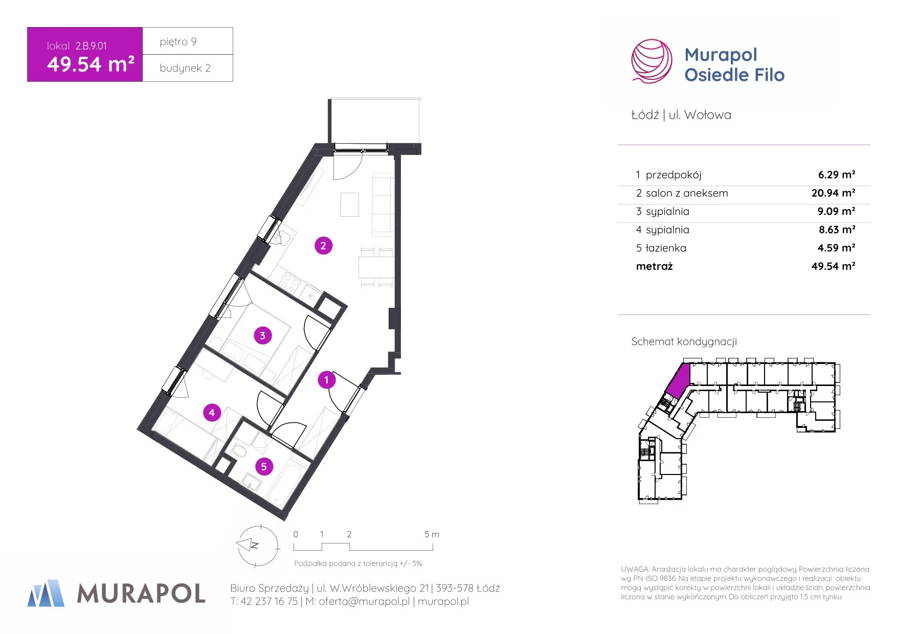 3 pokoje, mieszkanie 49,54 m², piętro 9, oferta nr 2.B.9.01, Murapol Osiedle Filo, Łódź, Polesie, Stare Polesie, ul. Wołowa